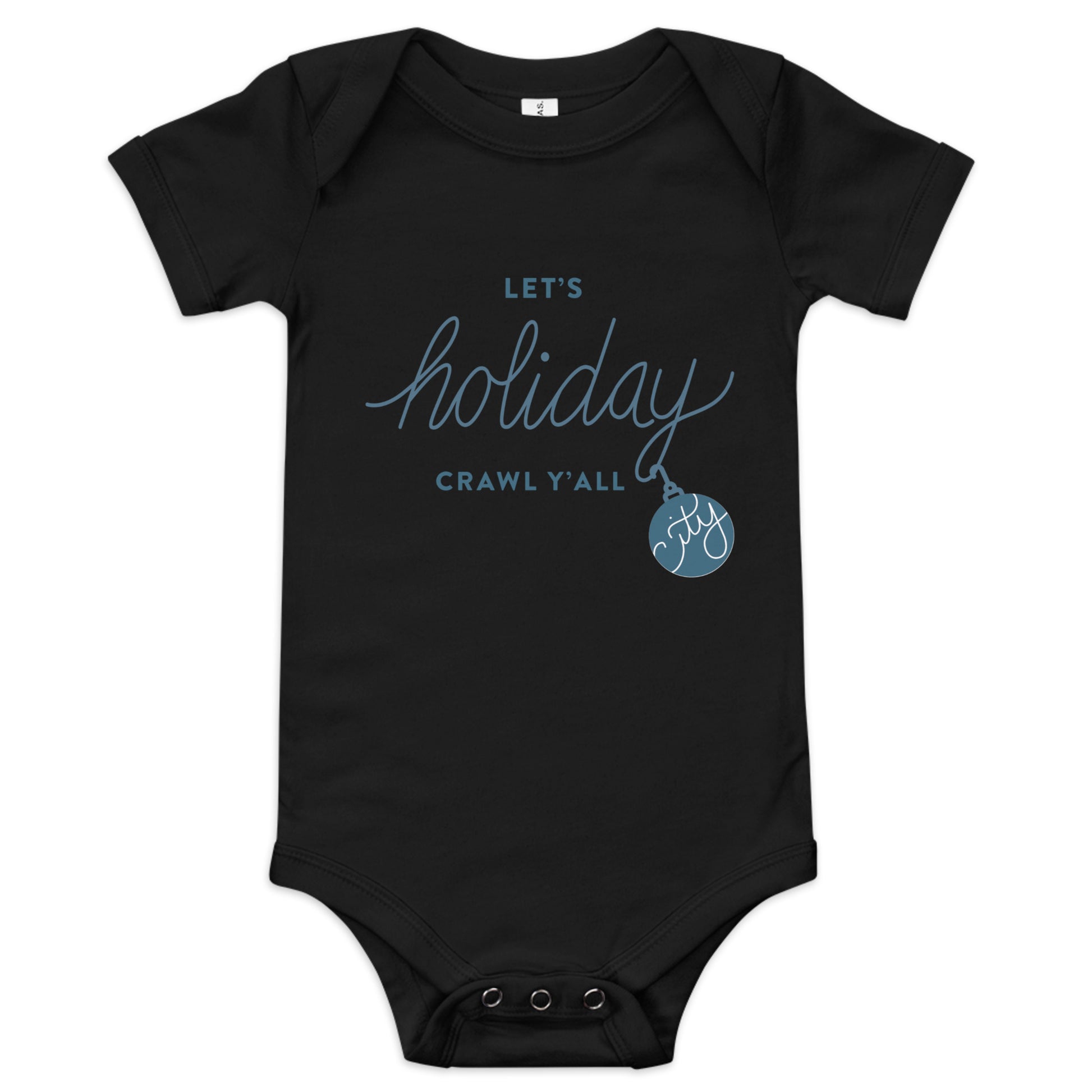 Let's Holiday Crawl Y'all Baby Black Onesie. Flay Lat. City Crawl Adventures.