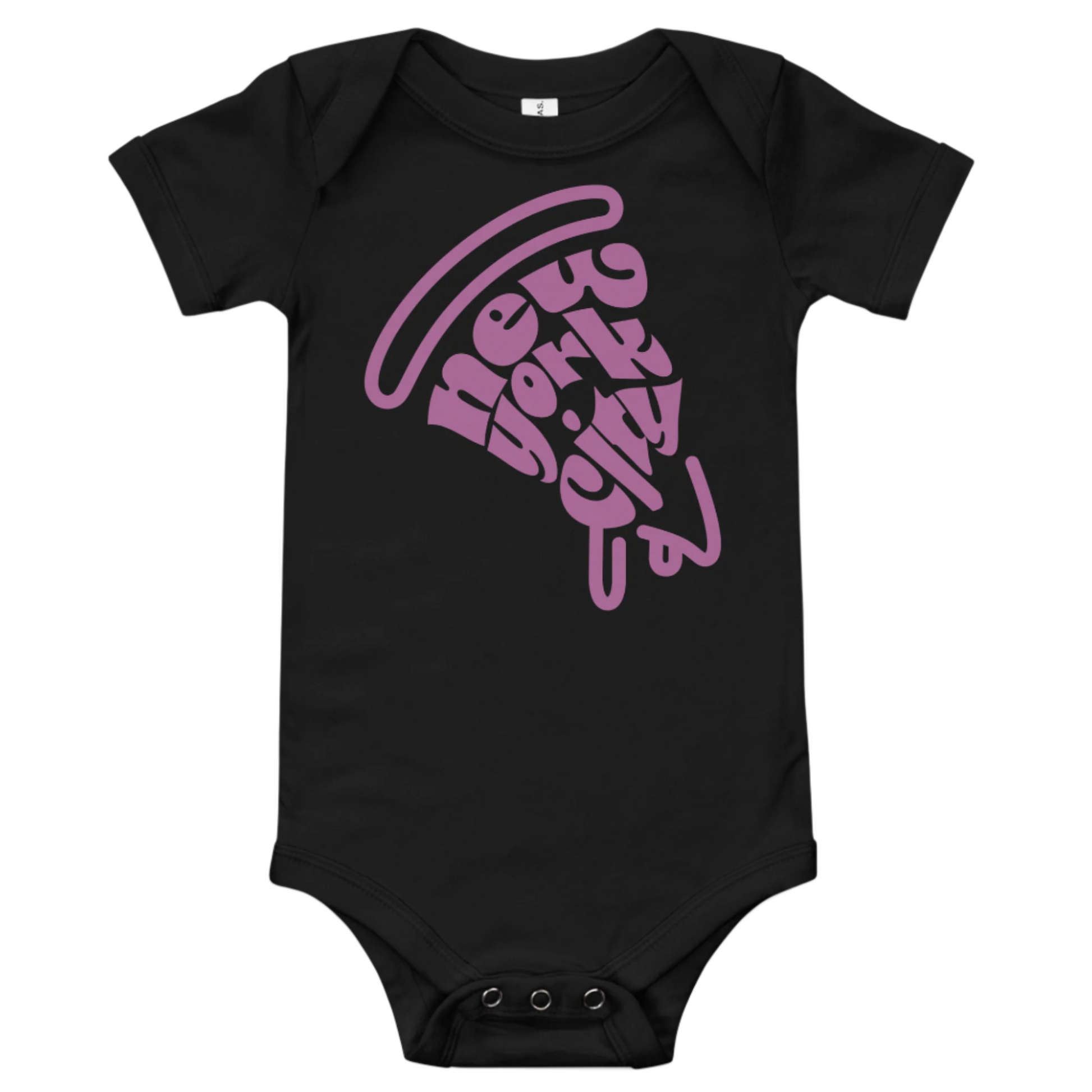 NYC Purple Pizza Slice Black Baby Onesie flat lay. City Crawl Adventures.