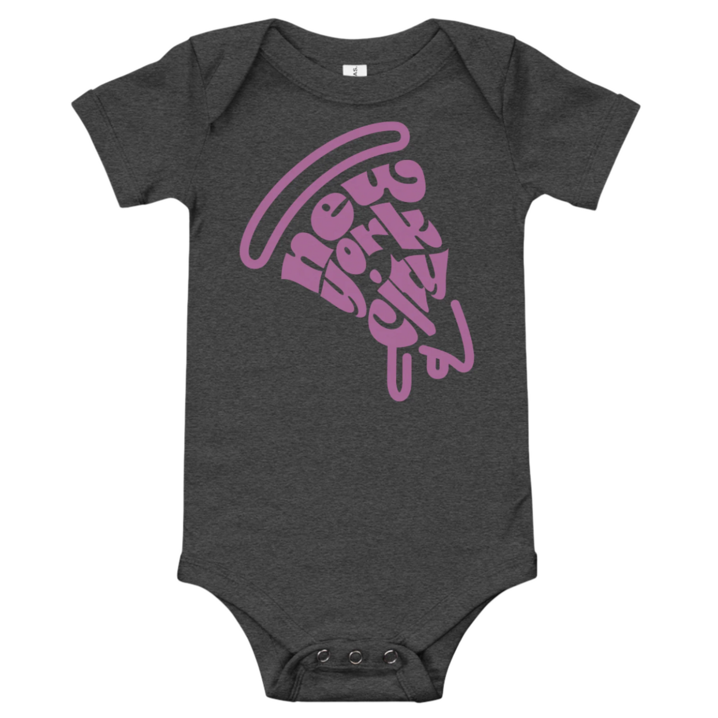 NYC Purple Pizza Slice Dark Grey Baby Onesie flat lay. City Crawl Adventures.