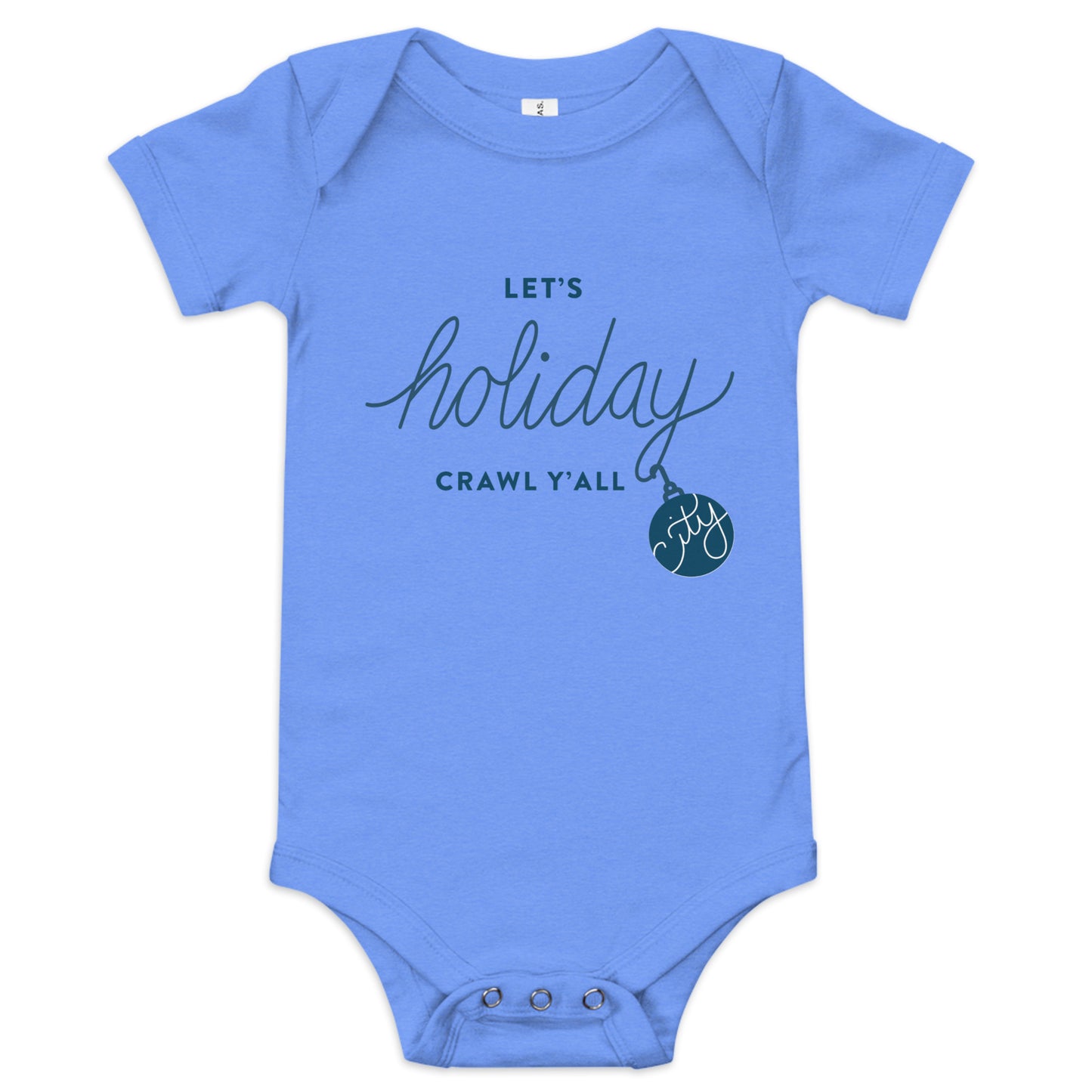 Let's Holiday Crawl Y'all Baby blue.Onesie. Flat Lay. City Crawl Adventures.