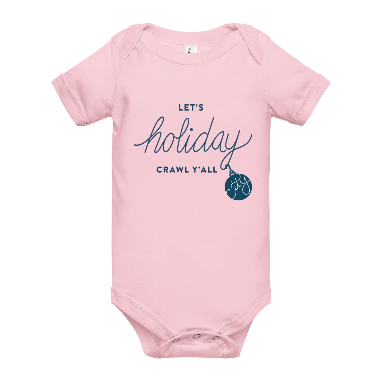 Let's Holiday Crawl Y'all Baby Pink Onesie. Flat Lay. City Crawl Adventures.