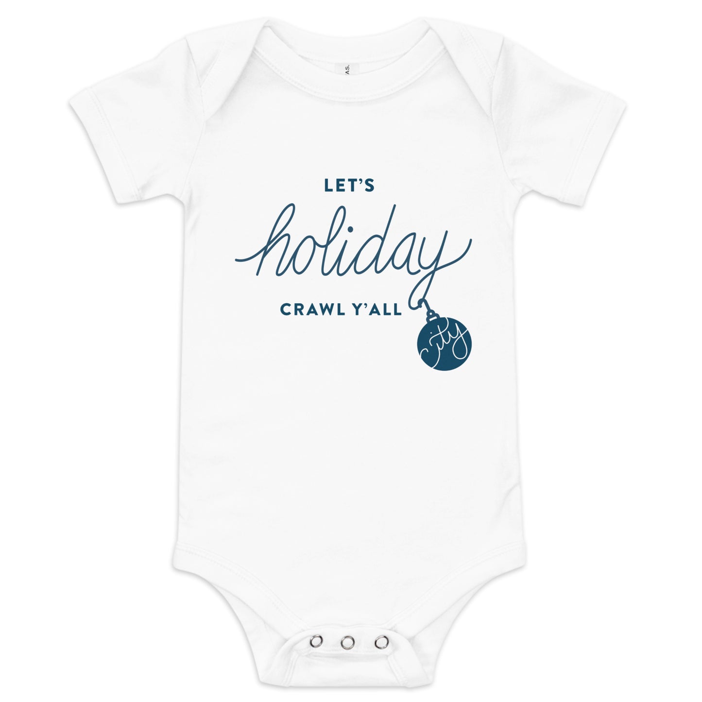 Let's Holiday Crawl Y'all Baby White Onesie. Flat lay. City Crawl Adventures.