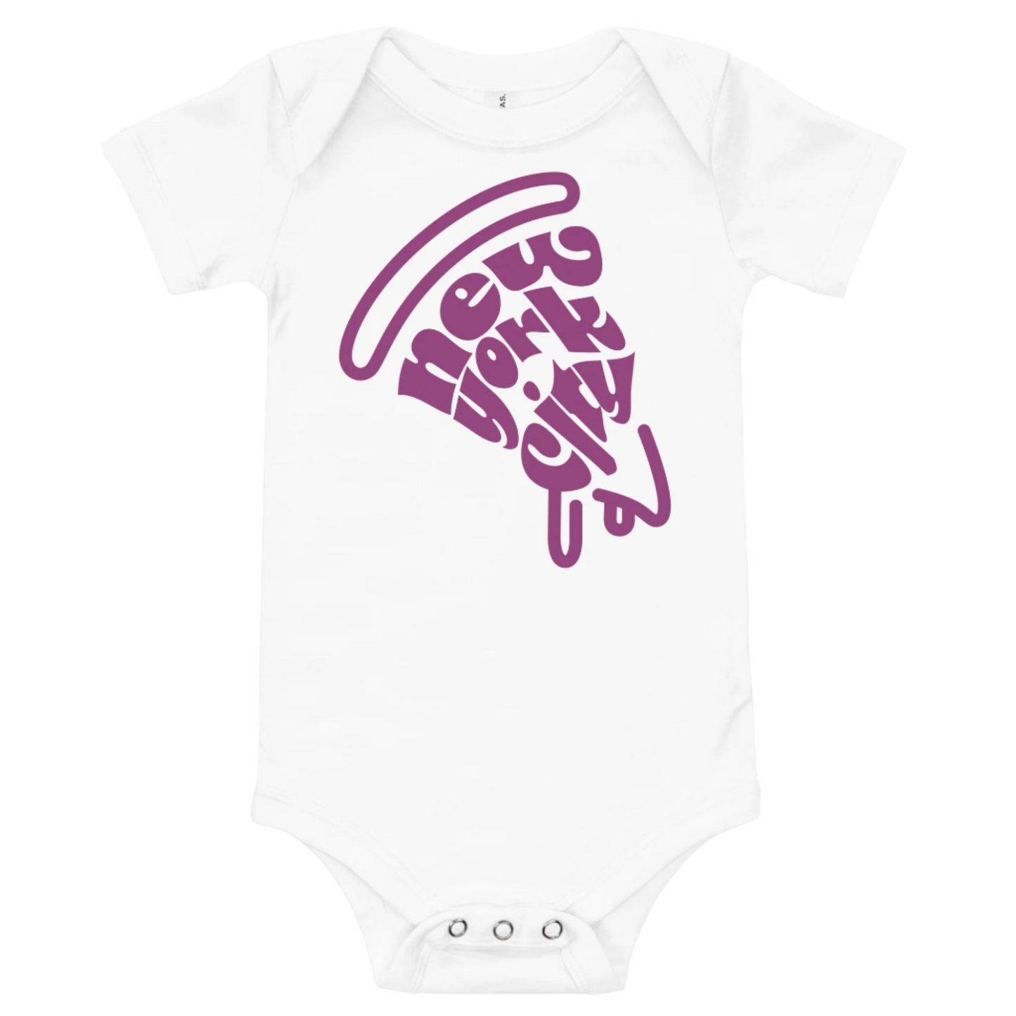 NYC Purple Pizza Slice White Baby Onesie flat lay. City Crawl Adventures.