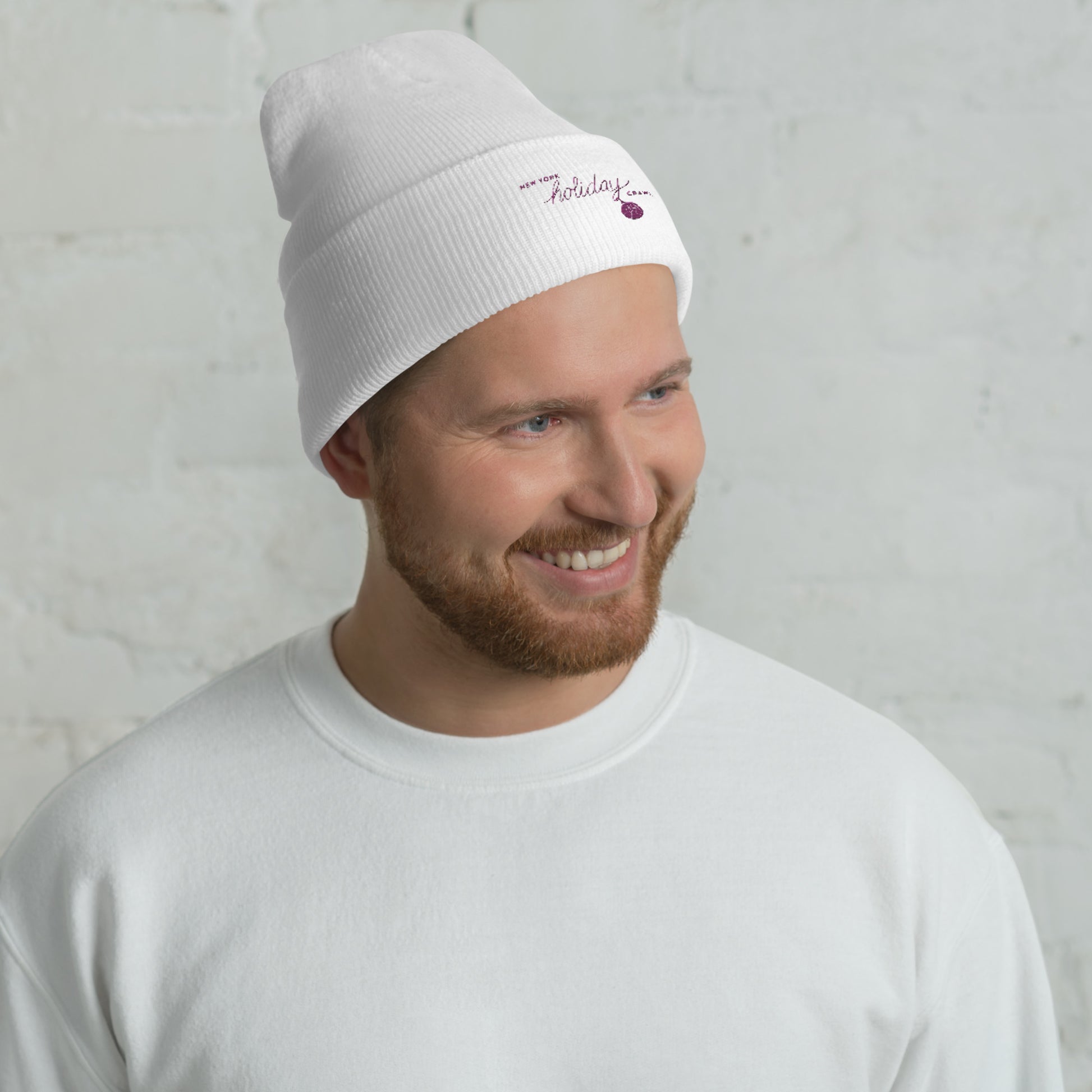 NYC Purple Embroidered holiday city crawl White Unisex cuffed beanie - men. City Crawl Adventures.