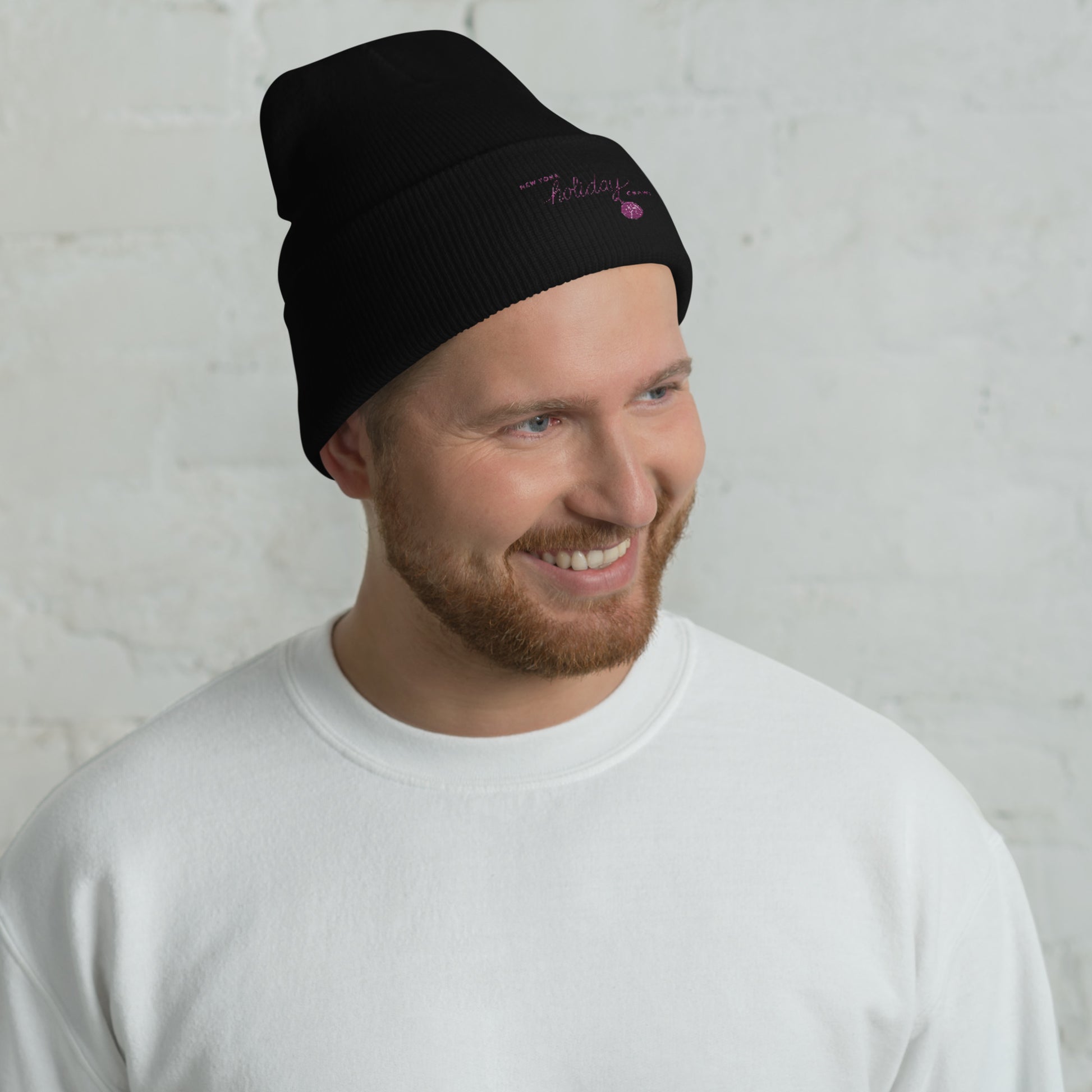 NYC Purple Embroidered holiday city crawl Black Unisex cuffed beanie - adult male. City Crawl Adventures.