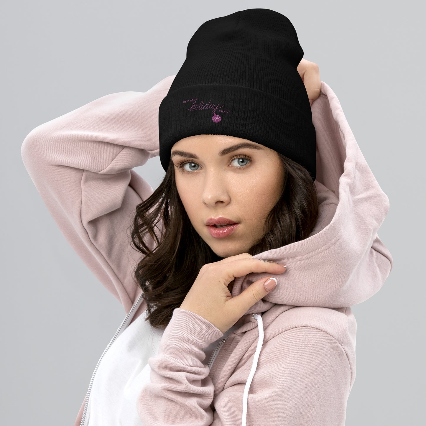 NYC Purple Embroidered holiday city crawl Black Unisex cuffed beanie - female. City Crawl Adventures.