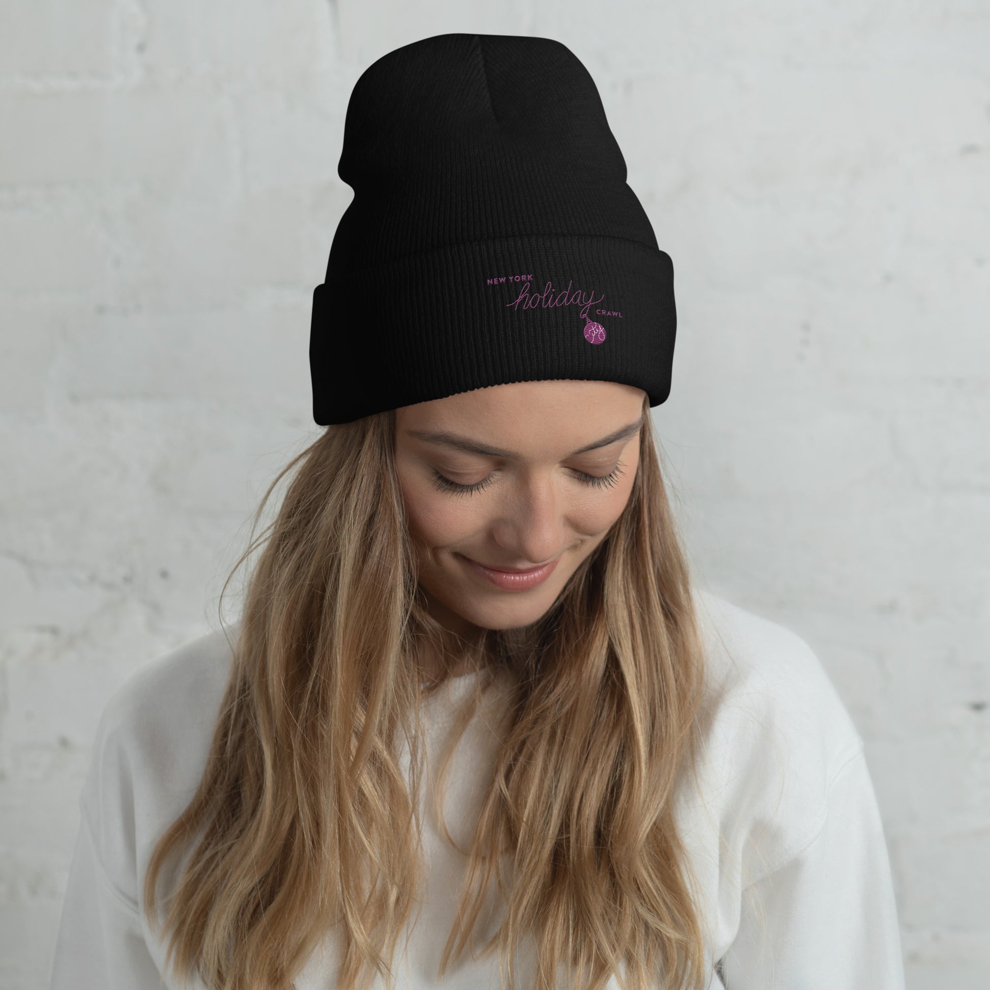 NYC Purple Embroidered holiday city crawl Black Unisex cuffed beanie - women. City Crawl Adventures.