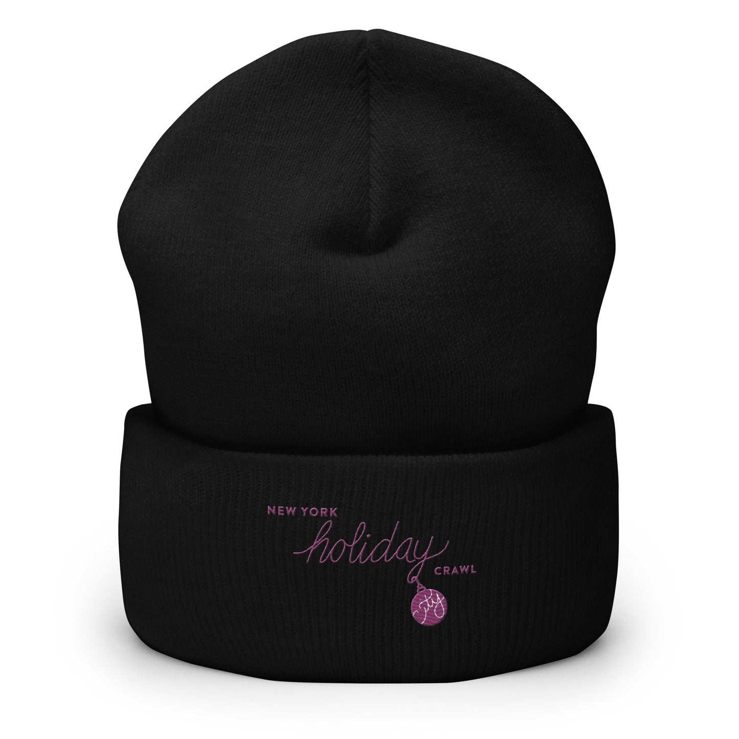 NYC Purple Embroidered holiday city crawl Black Unisex cuffed beanie. City Crawl Adventures.