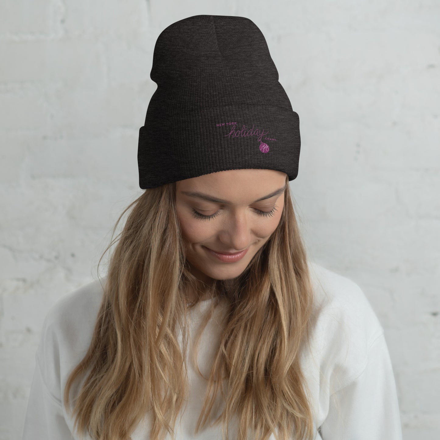 NYC Purple Embroidered holiday city crawl Dark Grey Unisex cuffed beanie - women. City Crawl Adventures.