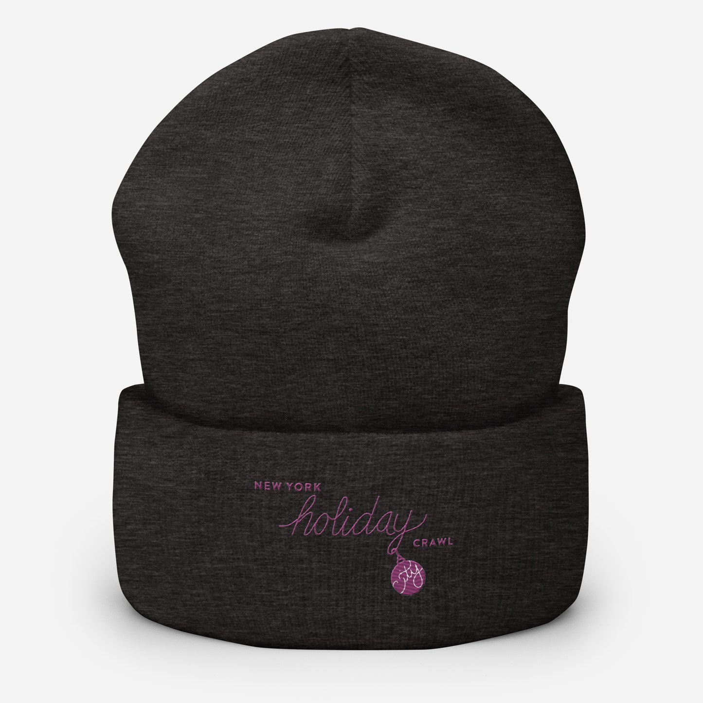 NYC Purple Embroidered holiday city crawl Dark Grey Unisex cuffed beanie. City Crawl Adventures.