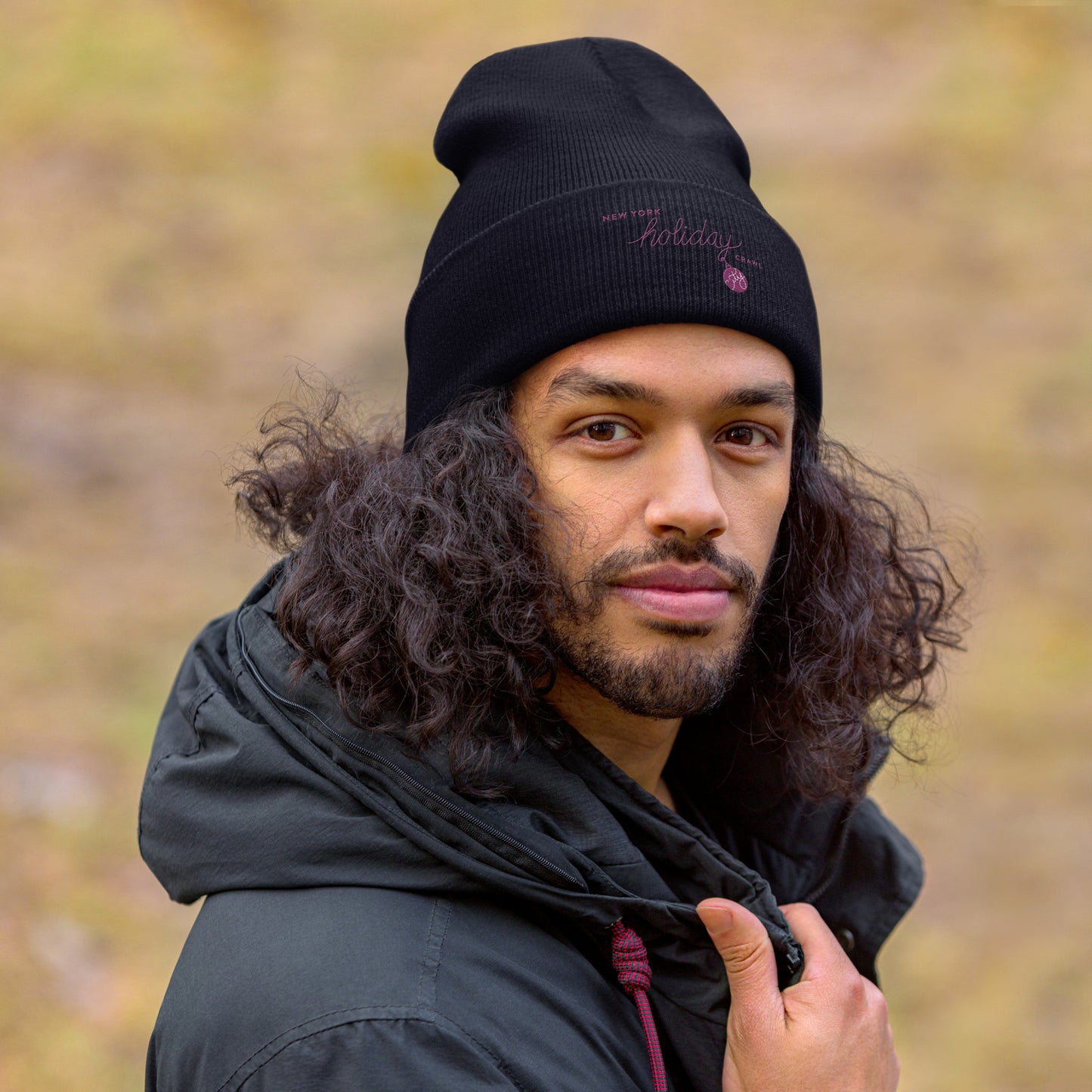 NYC Purple Embroidered holiday city crawl Navy Unisex cuffed beanie - men's lifestyle. City Crawl Adventures.