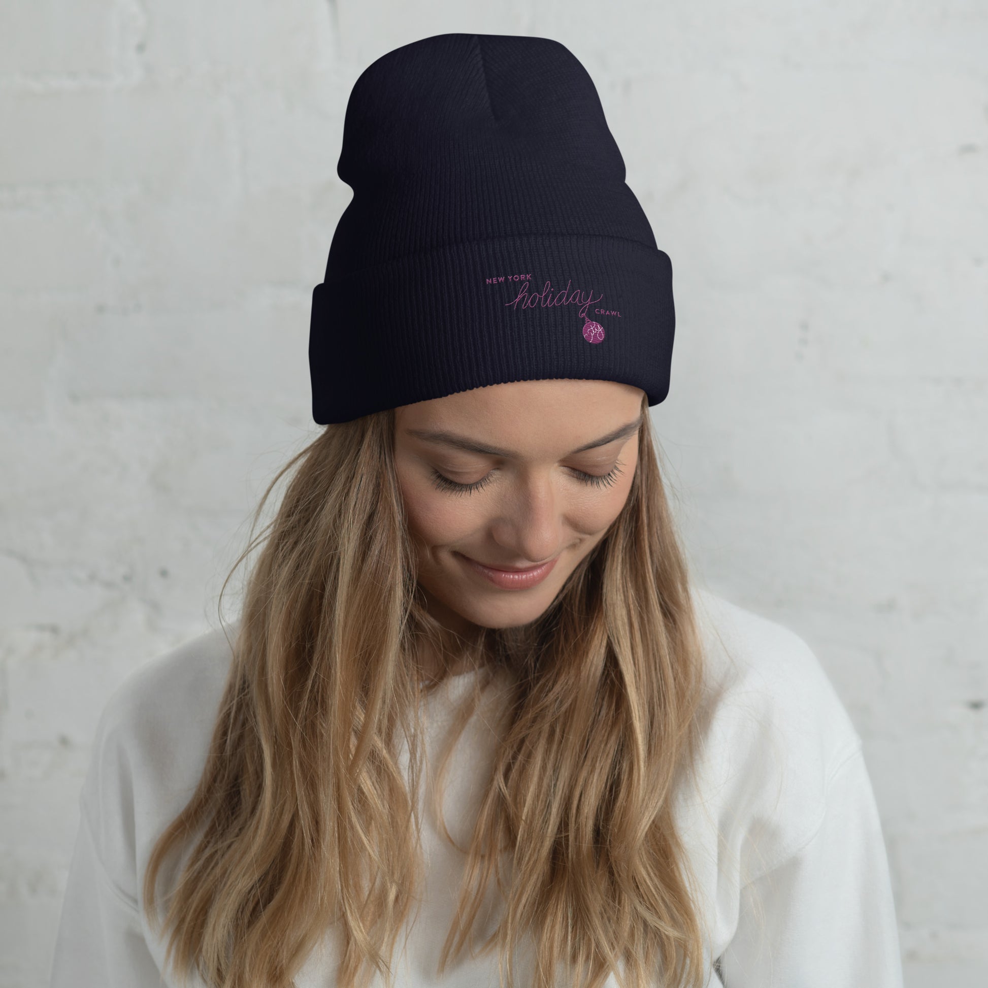 NYC Purple Embroidered holiday city crawl Navy Unisex cuffed beanie - adult womens. City Crawl Adventures.