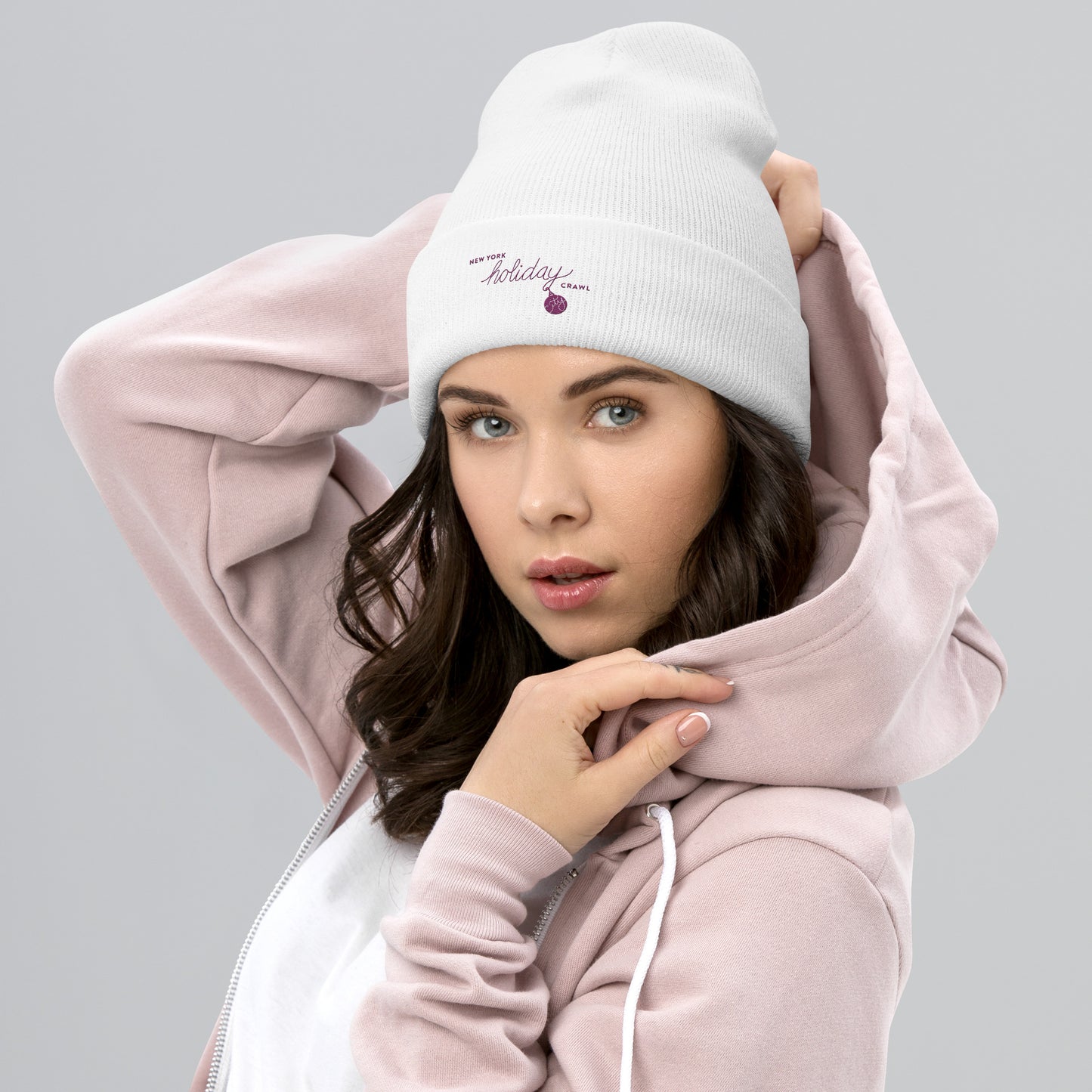 NYC Purple Embroidered holiday city crawl White Unisex cuffed beanie -women. City Crawl Adventures.