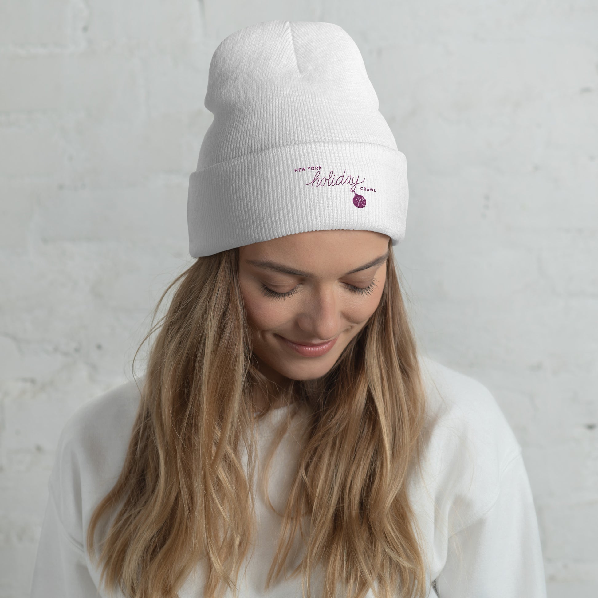 NYC Purple Embroidered holiday city crawl WHite Unisex cuffed beanie - women. City Crawl Adventures.