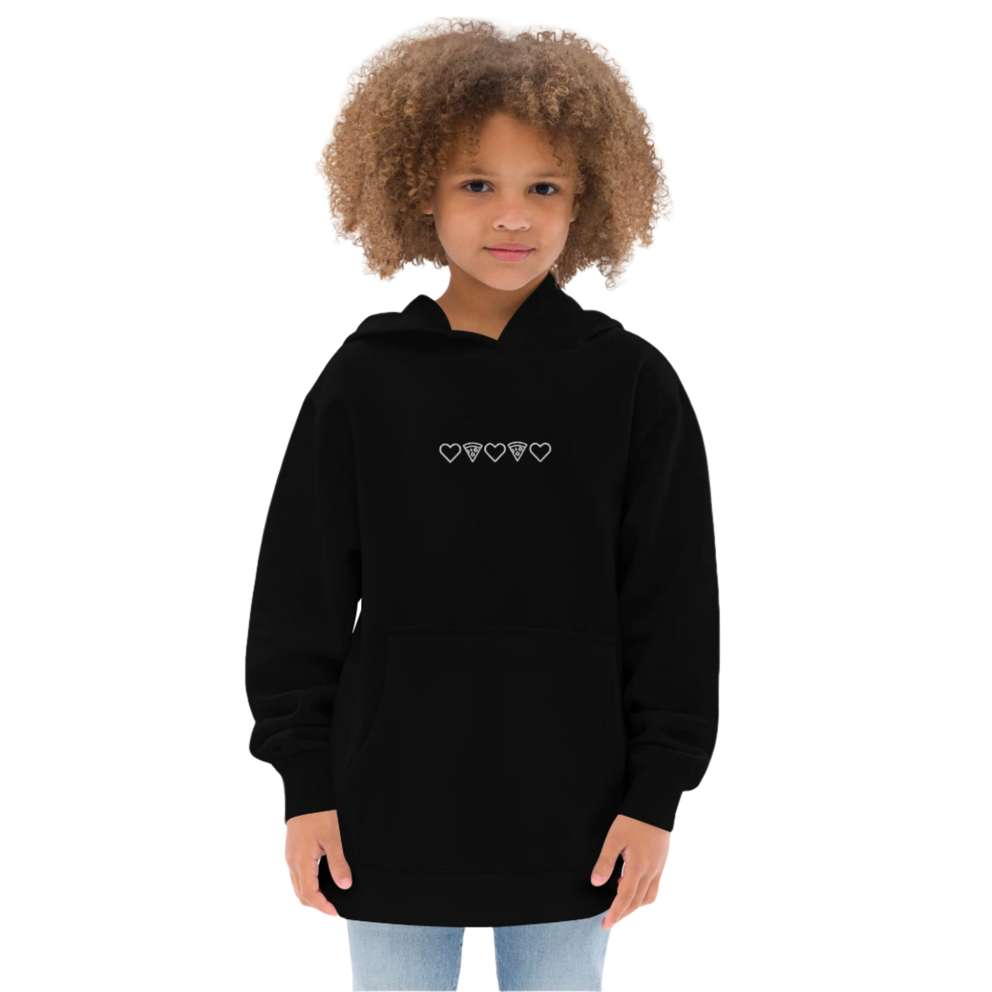 White Embroidery Pizza Love Kids Black Hoodie. City Crawl Adventures.