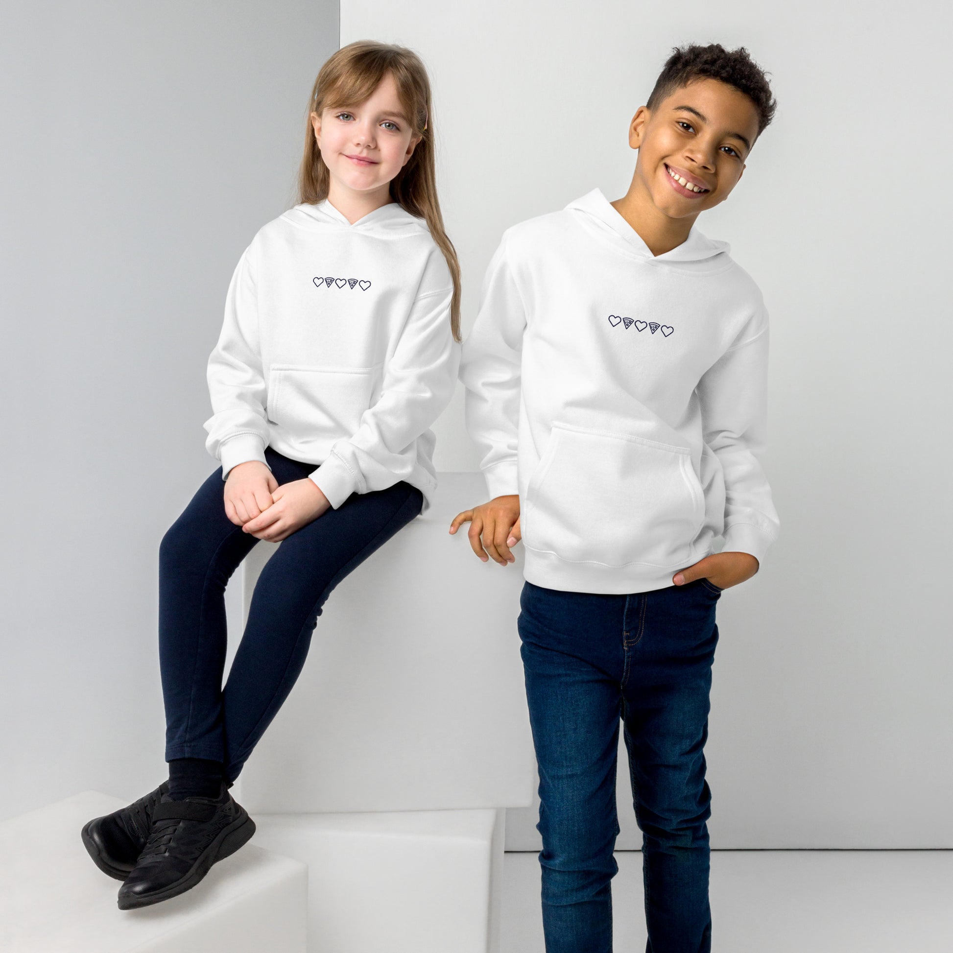 Navy Embroidery Pizza Love Kids White Hoodie Boy and Girl. City Crawl Adventures.