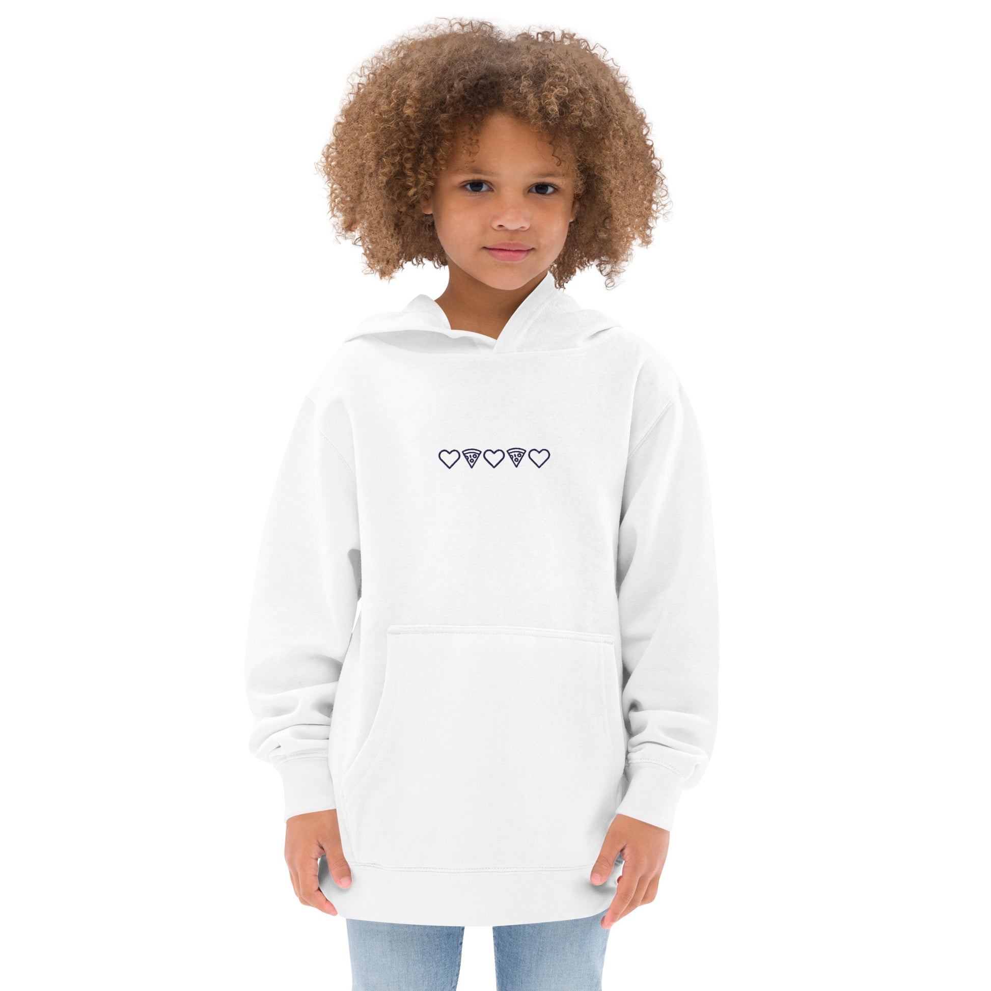 Navy Embroidery Pizza Love Kids White Hoodie Girl. City Crawl Adventures.