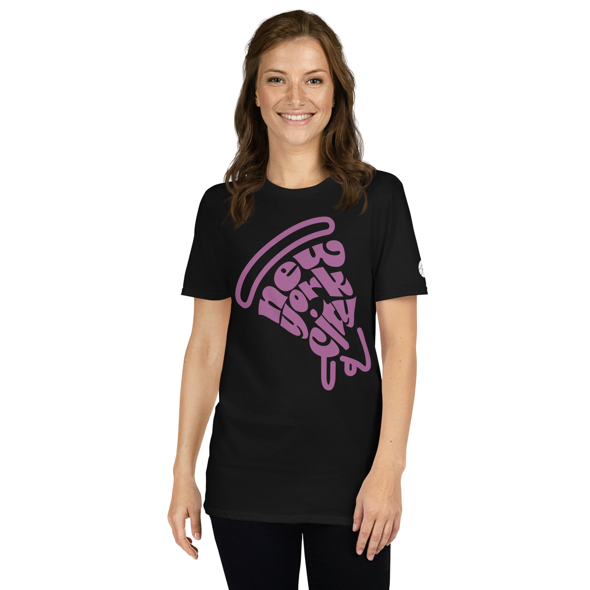 NYC Purple Pizza Slice Black Unisex Adult Tshirt - female. City Crawl Adventures.