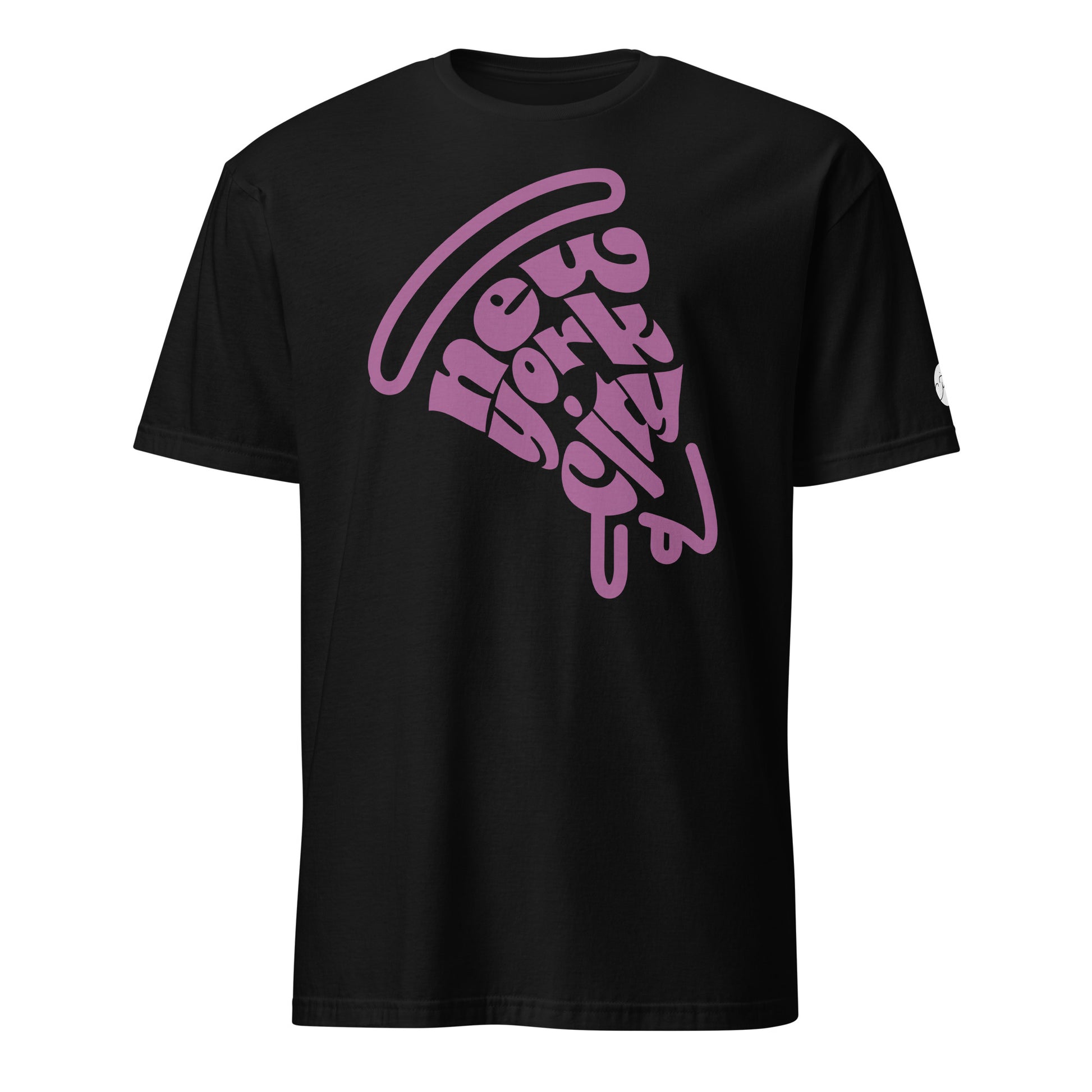 NYC Purple Pizza Slice Black Unisex Adult Tshirt - flat lay. City Crawl Adventures.