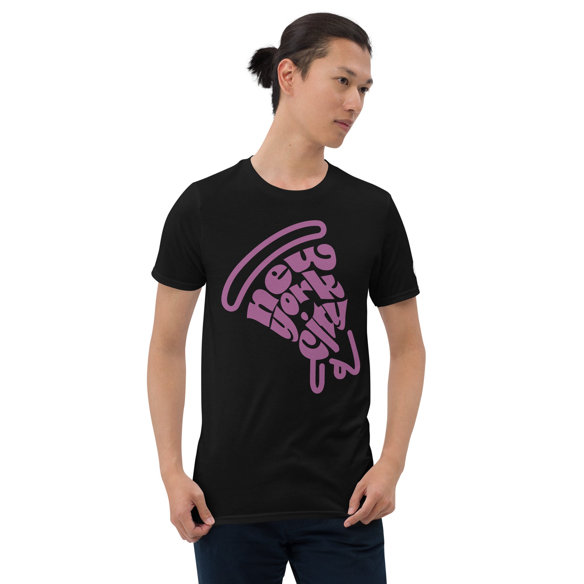 NYC Purple Pizza Slice Black Unisex Adult Tshirt - Men's Shirt. City Crawl Adventures.