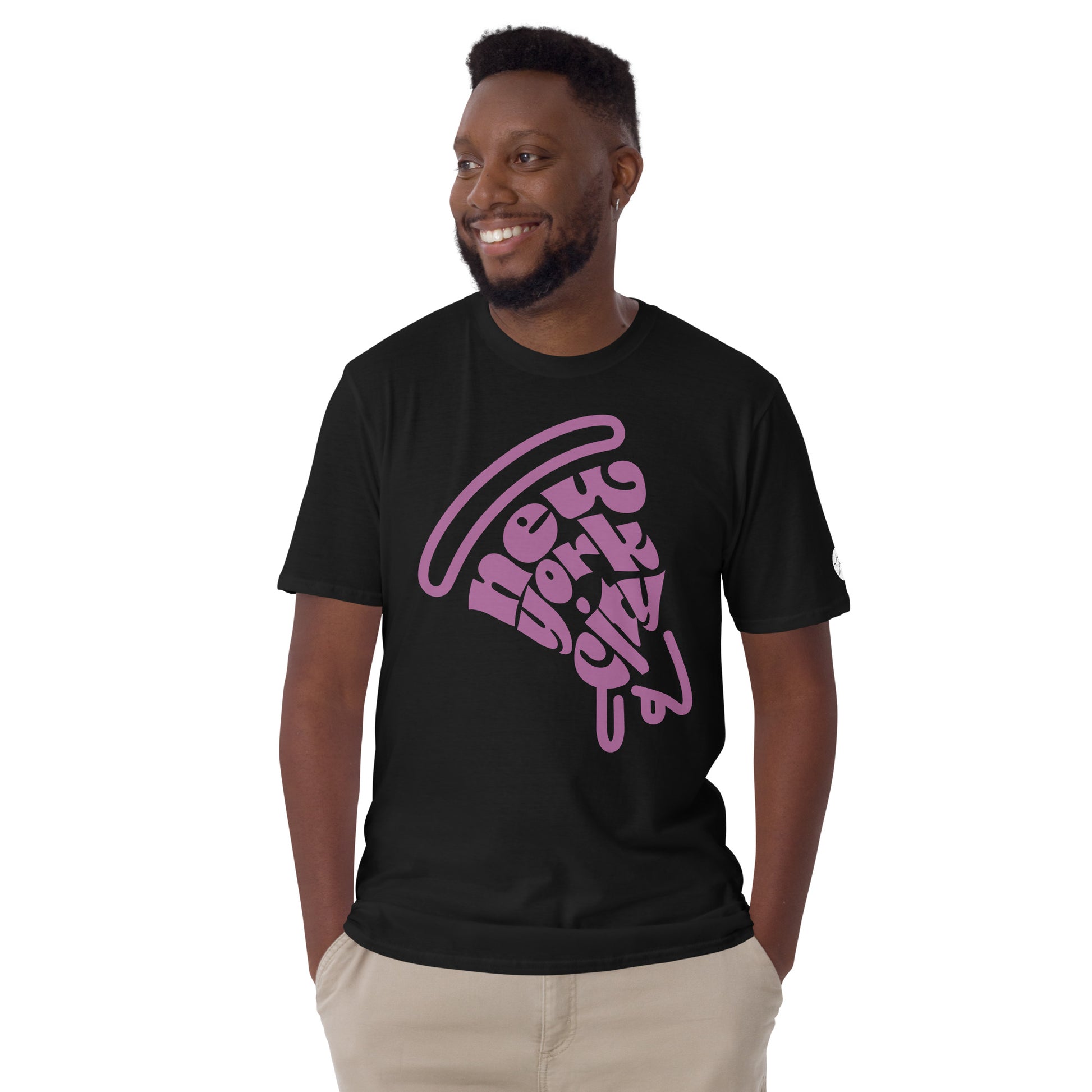 NYC Purple Pizza Slice Black Unisex Adult Tshirt - Male. City Crawl Adventures.