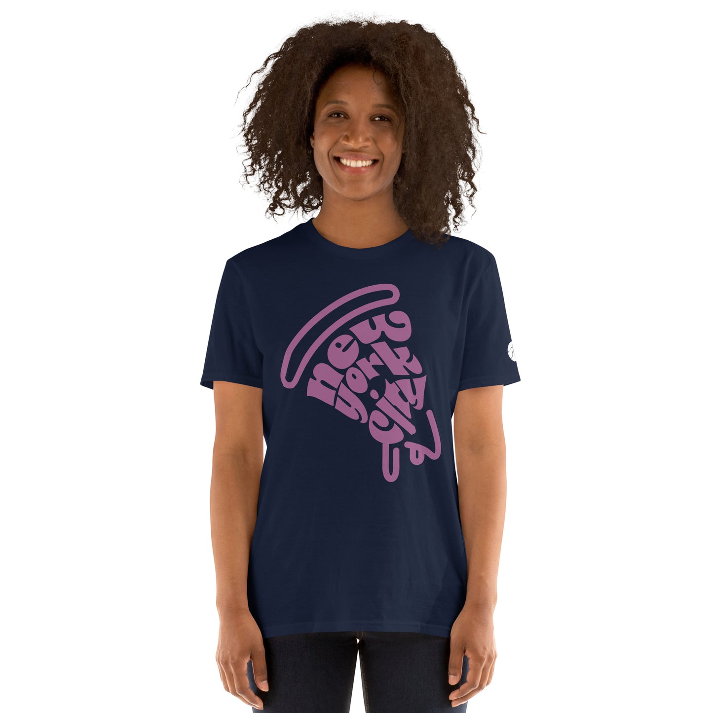 NYC Purple Pizza Slice Navy Unisex Adult Tshirt - female. City Crawl Adventures.
