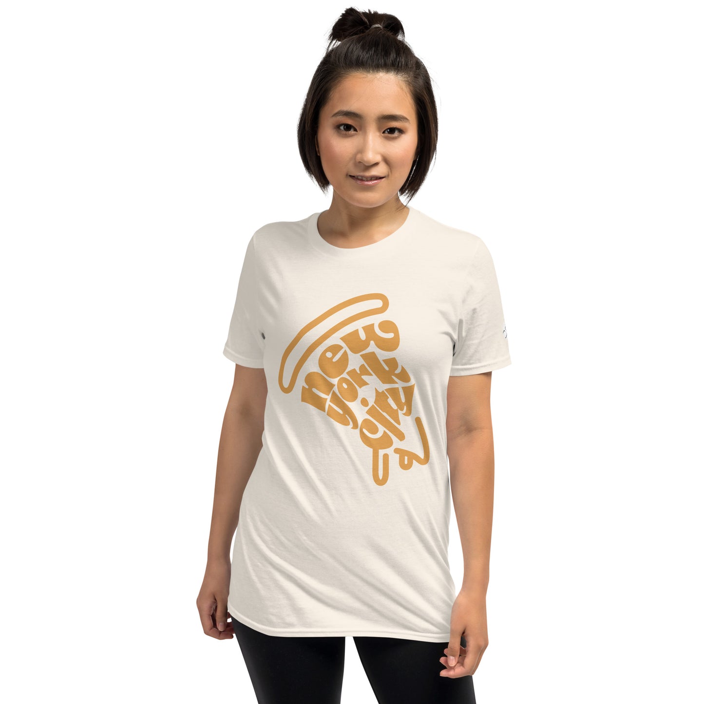 NYC Orange Pizza Slice Natural Unisex Adult Tshirt - Female. City Crawl Adventures.