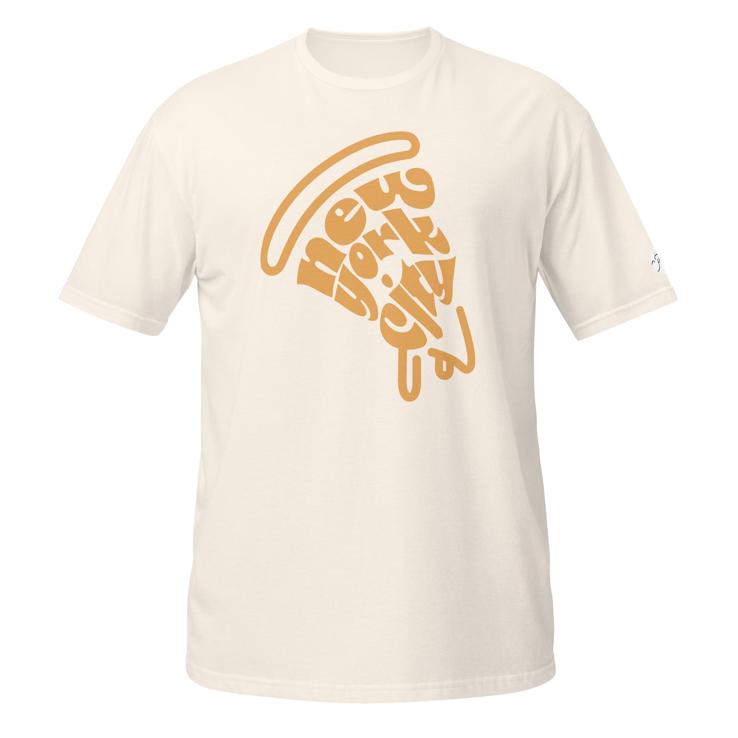 NYC Orange Pizza Slice Natural Unisex Adult Tshirt - Flat lay. City Crawl Adventures.