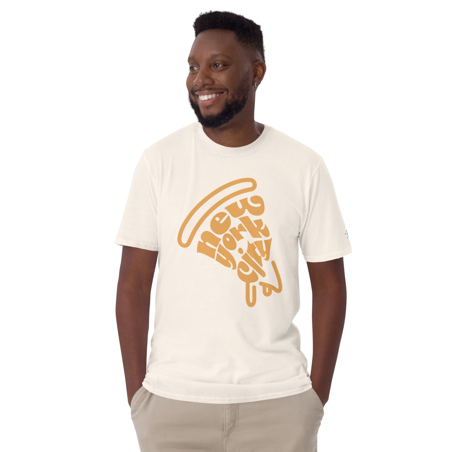 NYC Orange Pizza Slice Natural Unisex Adult Tshirt - Male. City Crawl Adventures.