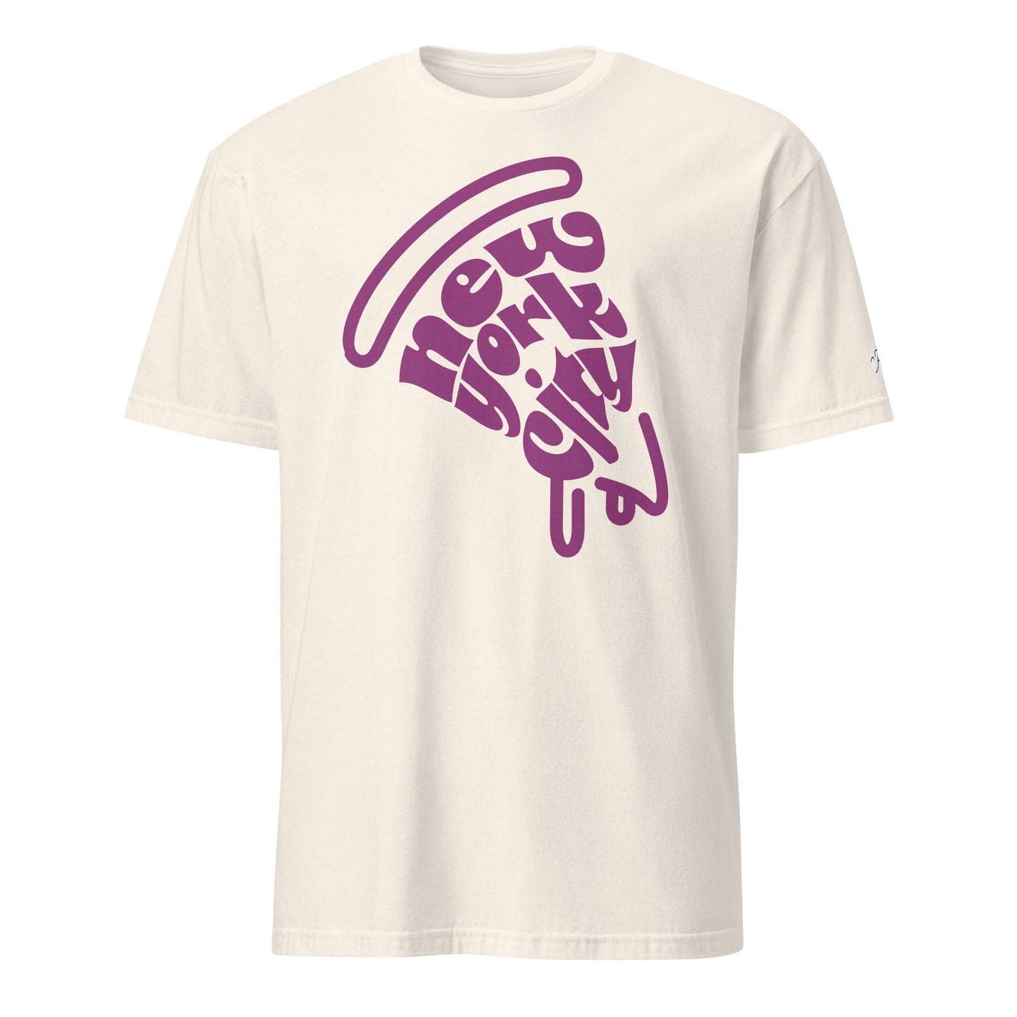 NYC Purple Pizza Slice Natural Unisex Adult Tshirt - flat lay. City Crawl Adventures.