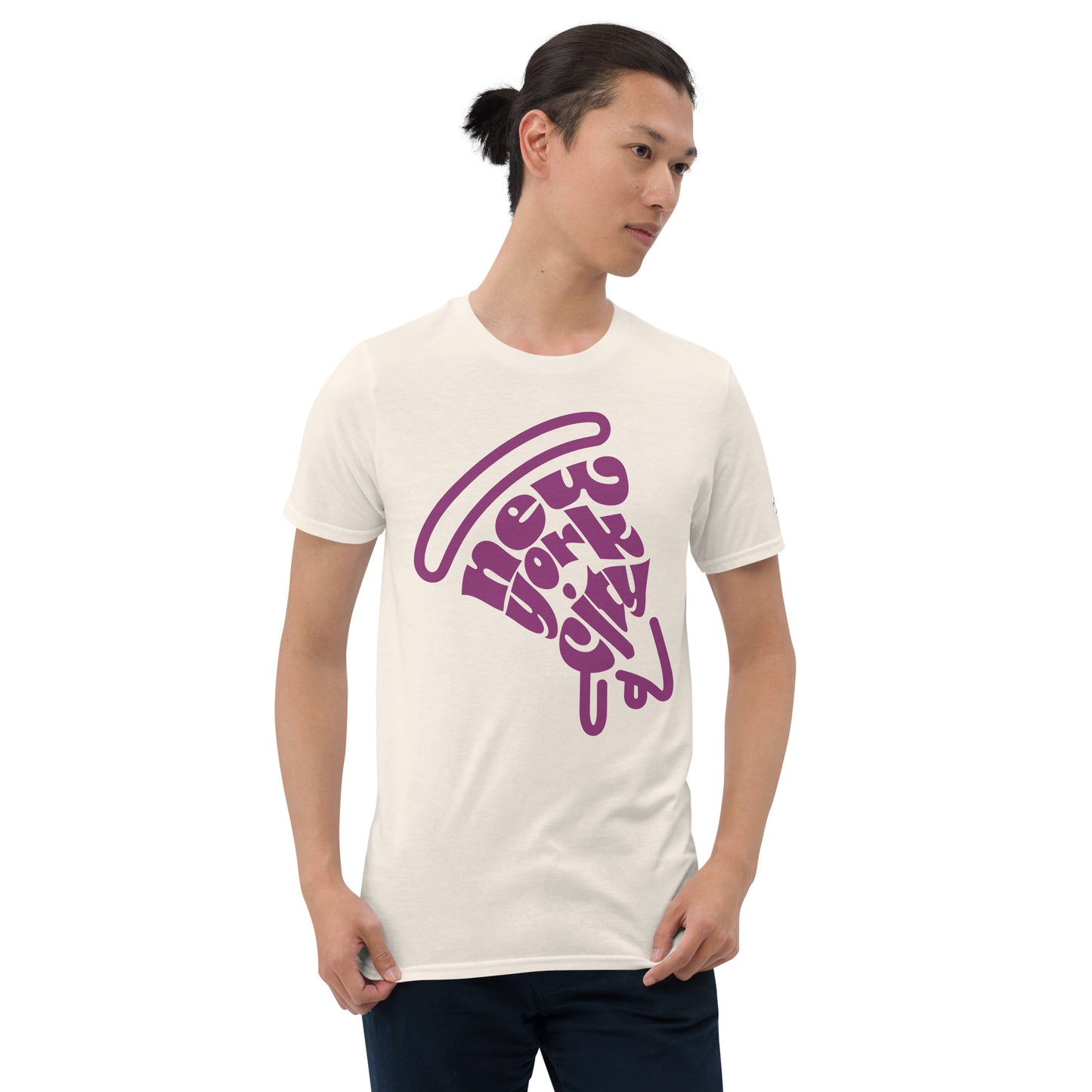 NYC Purple Pizza Slice Natural Unisex Adult Tshirt - Male. City Crawl Adventures.