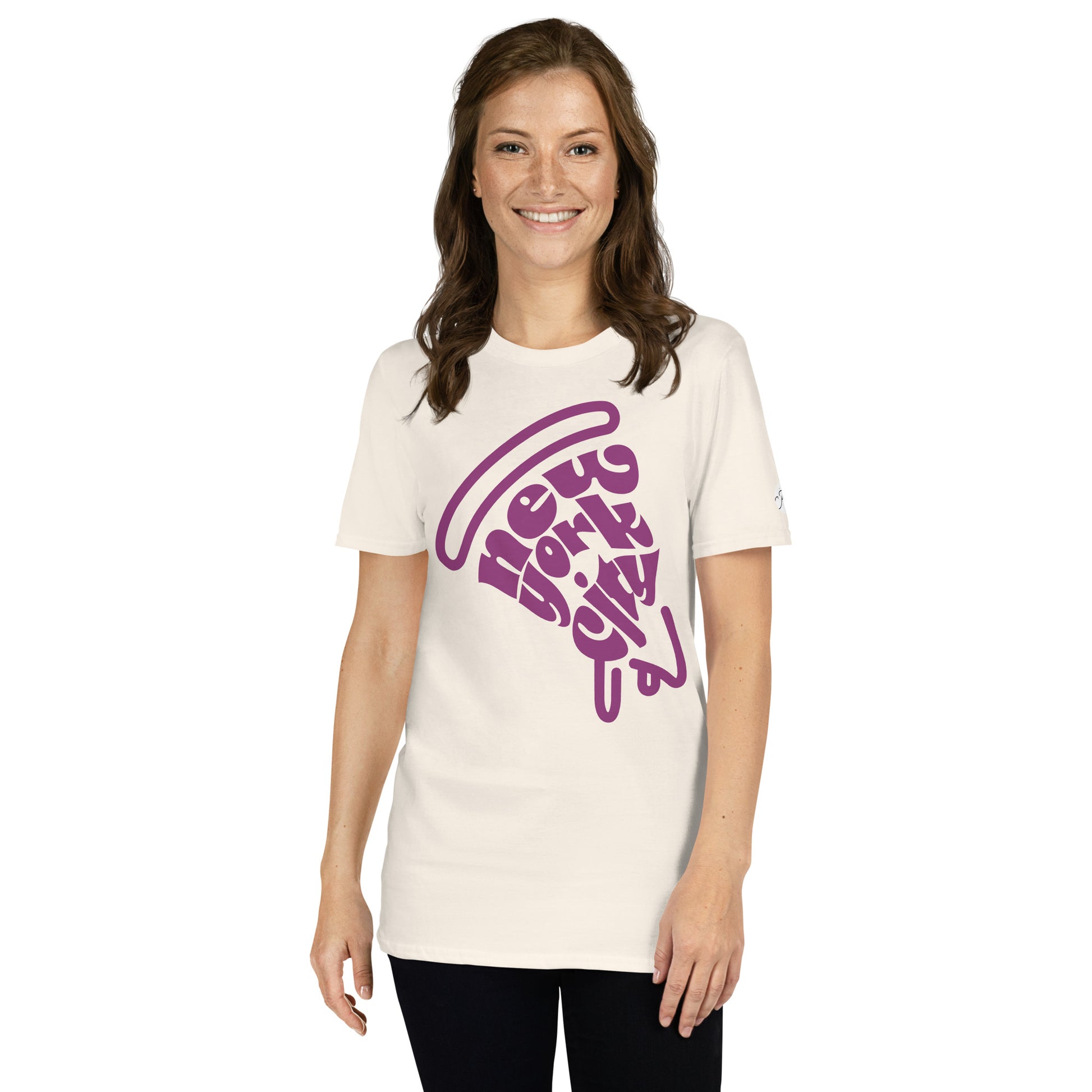 NYC Purple Pizza Slice Natural Unisex Adult Tshirt - female. City Crawl Adventures.