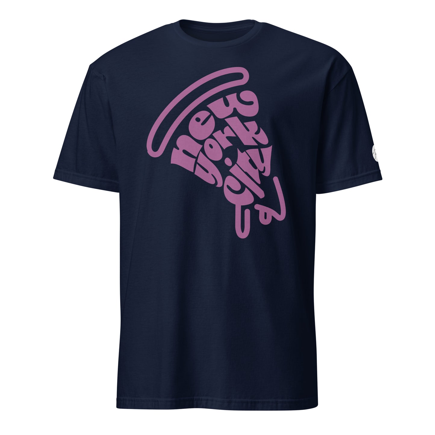 NYC Purple Pizza Slice Navy Unisex Adult Tshirt - flat lay. City Crawl Adventures.
