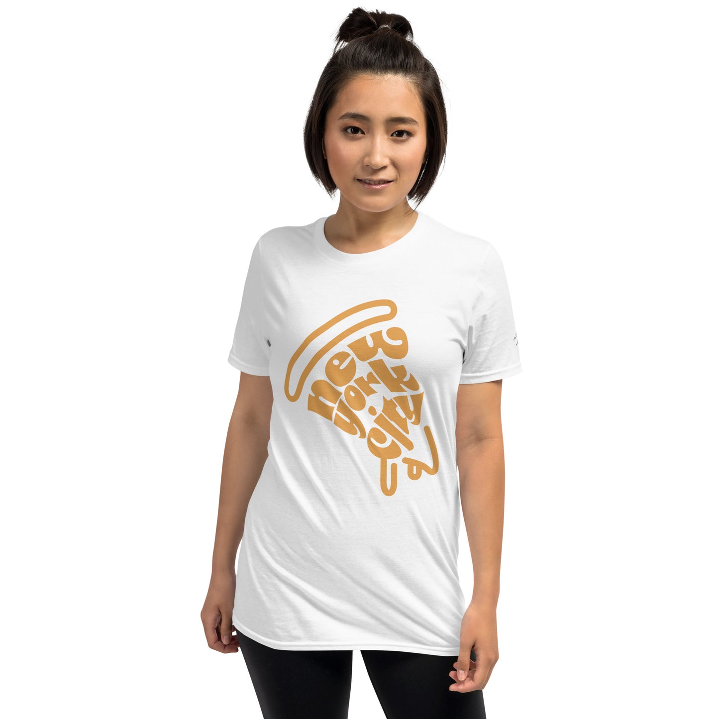 NYC Orange Pizza Slice White Unisex Adult Tshirt - Female. City Crawl Adventures.