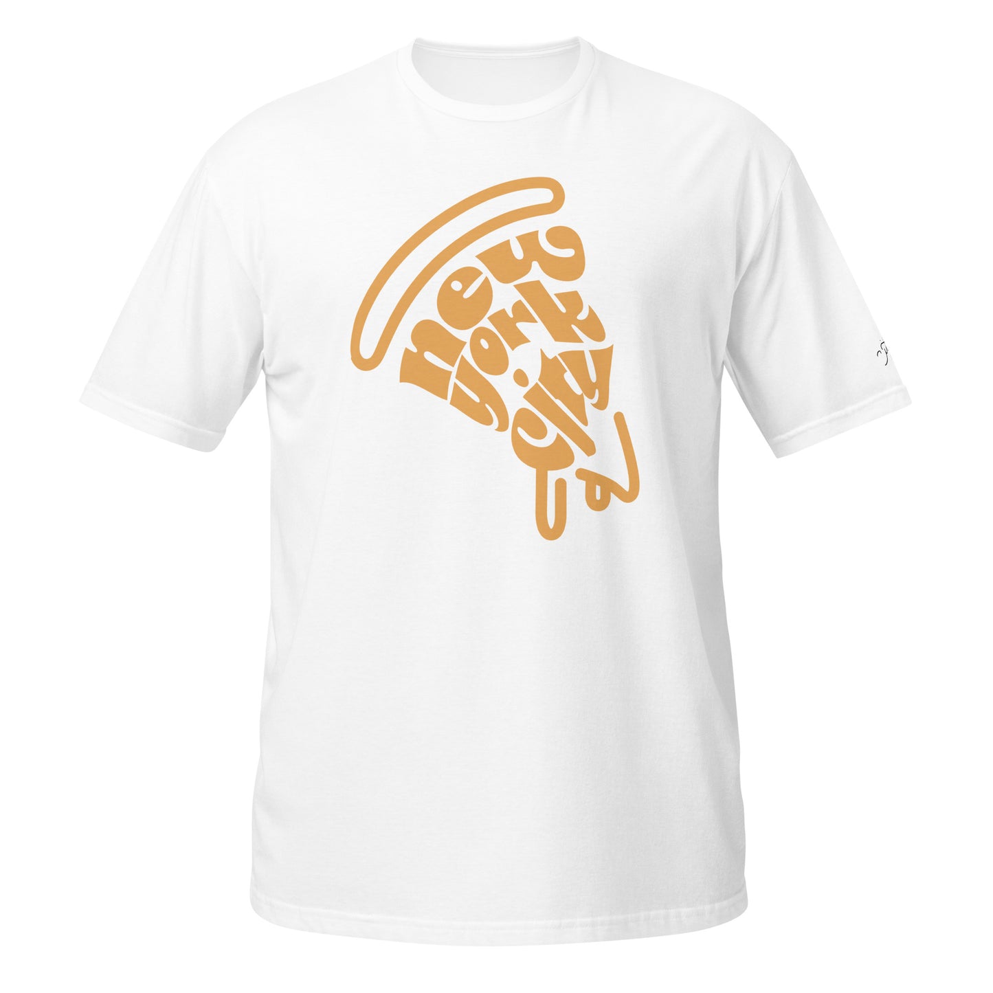 NYC Orange Pizza Slice White Unisex Adult Tshirt - Flat lay. City Crawl Adventures.