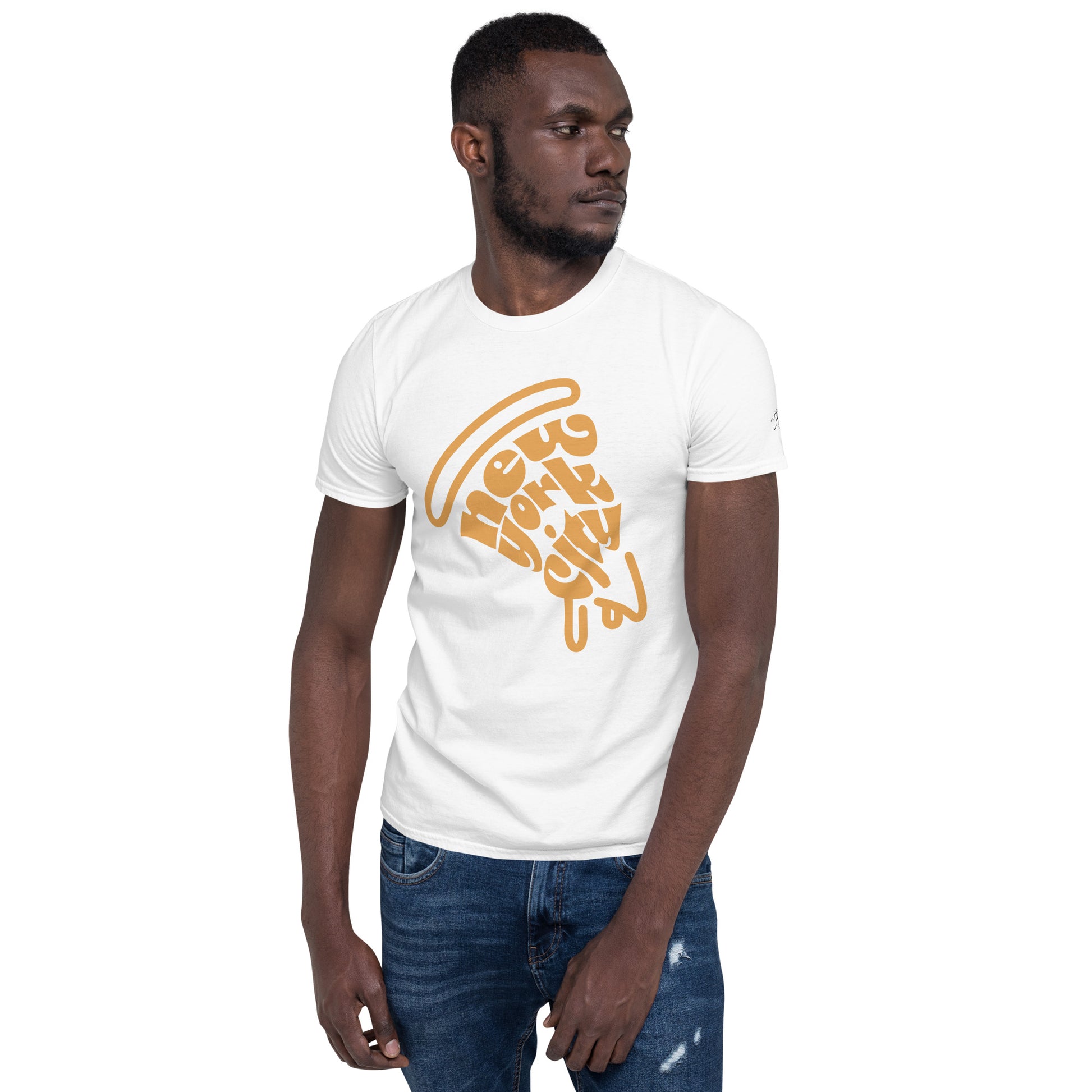 NYC Orange Pizza Slice White Unisex Adult Tshirt - Male. City Crawl Adventures.