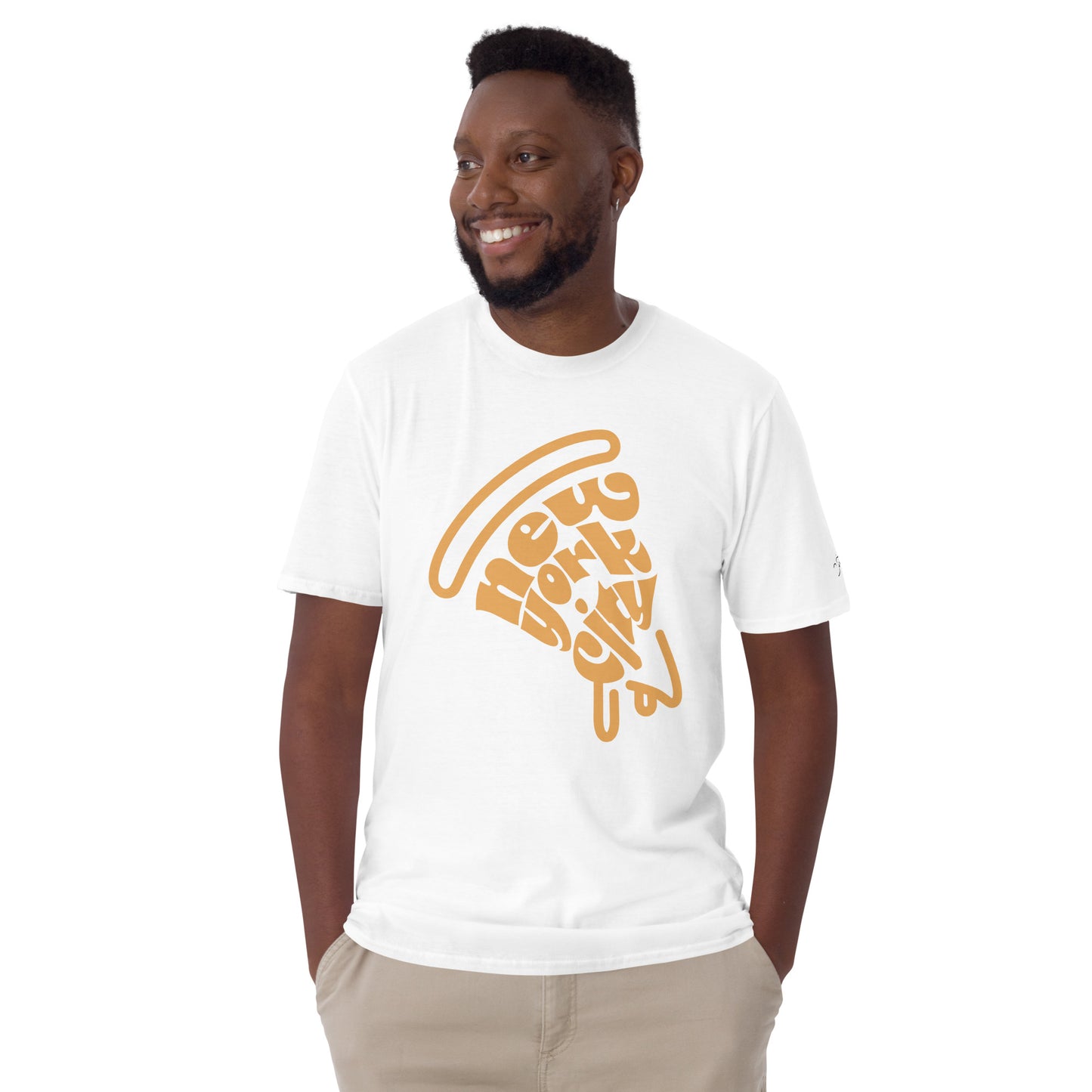 NYC Orange Pizza Slice White Unisex Adult Tshirt - Male. City Crawl Adventures.