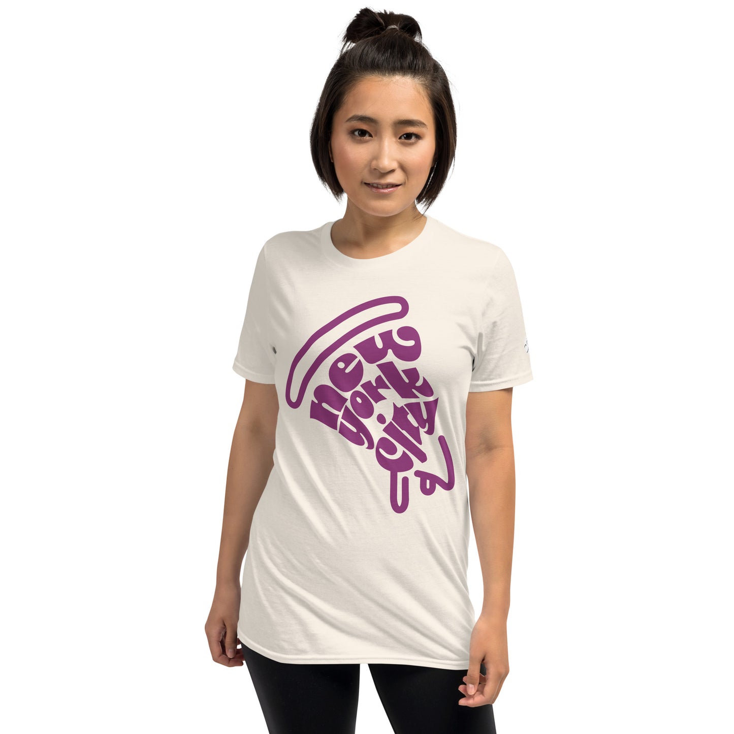 NYC Purple Pizza Slice White Unisex Adult Tshirt - Female. City Crawl Adventures.