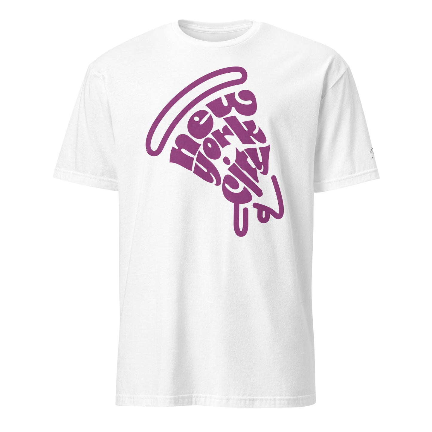 NYC Purple Pizza Slice White Unisex Adult Tshirt - flat-lay. City Crawl Adventures.