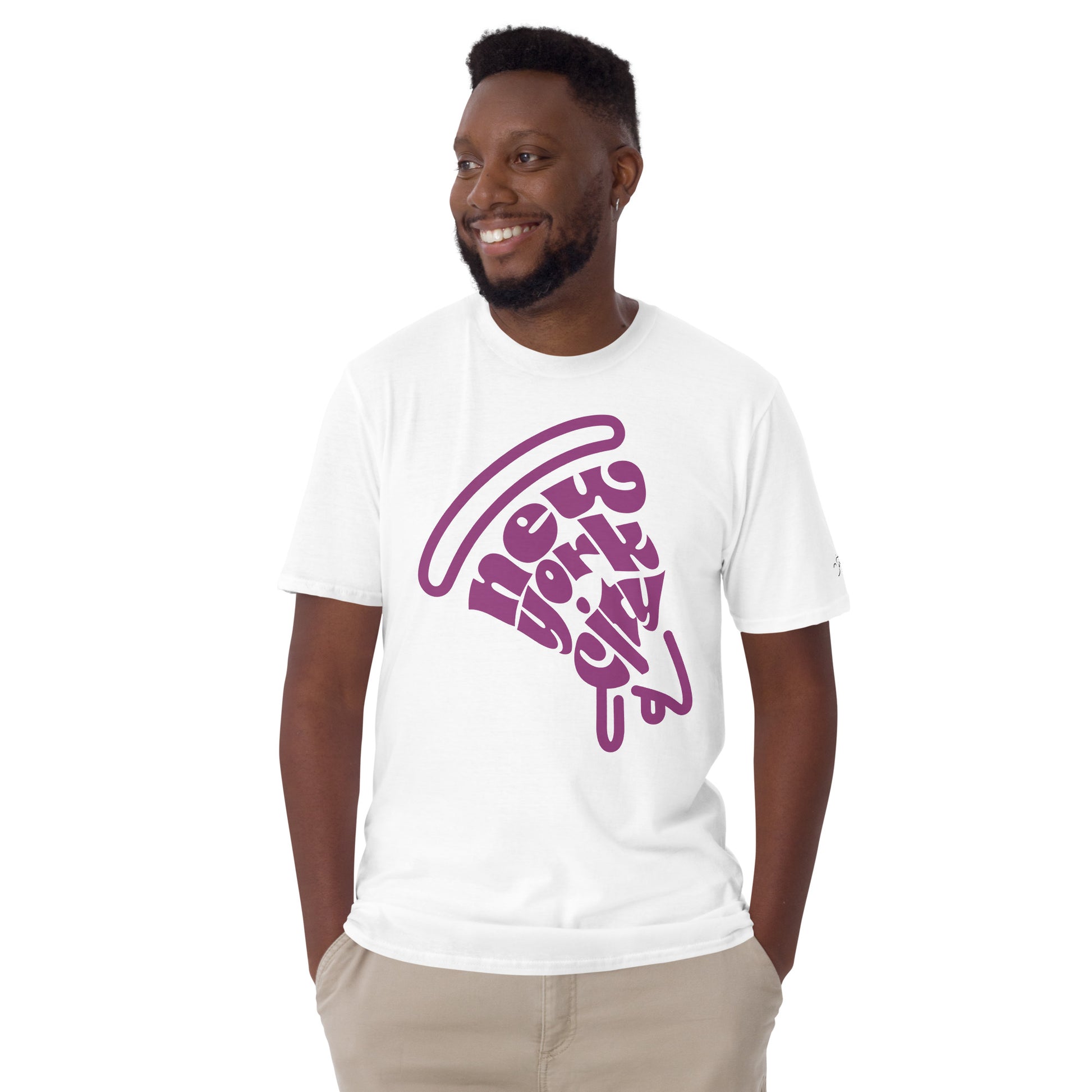 NYC Purple Pizza Slice Black Unisex Adult Tshirt - Male. City Crawl Adventures.