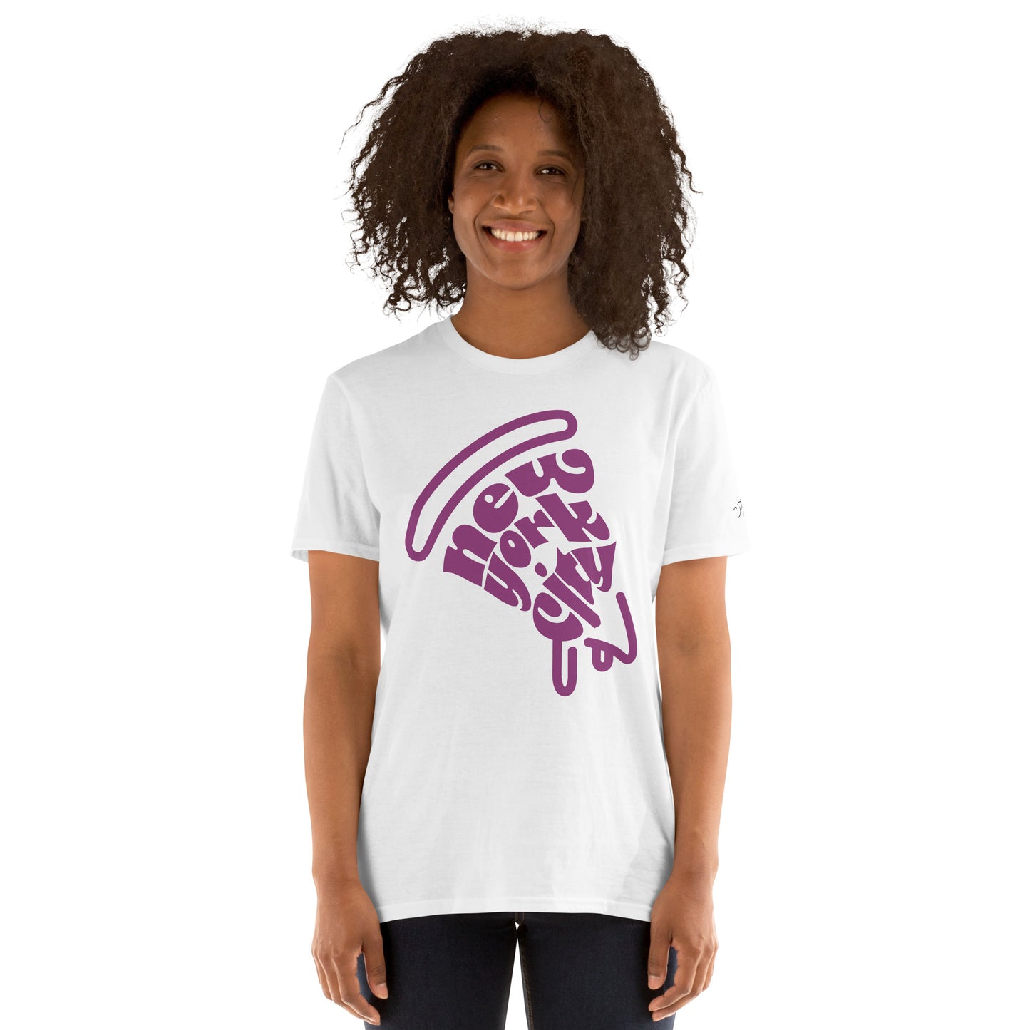 NYC Purple Pizza Slice Natural Unisex Adult Tshirt - female. City Crawl Adventures.