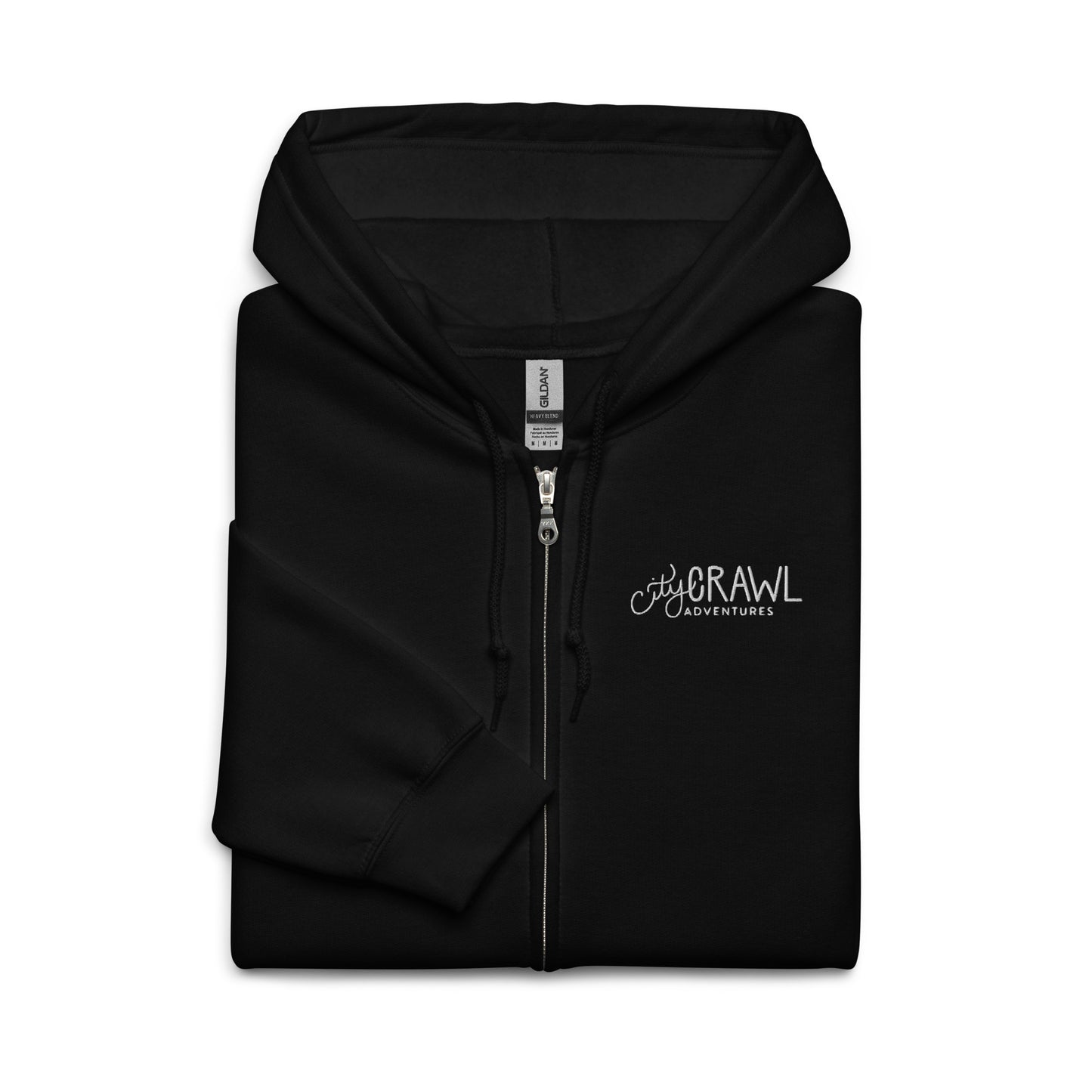 City Crawl Adventures Zip Up Hoodie Black folded. City Crawl Adventures.