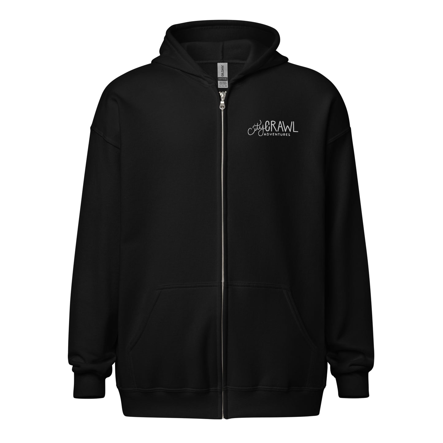 City Crawl Adventures Zip Up Hoodie Black front view. City Crawl Adventures.