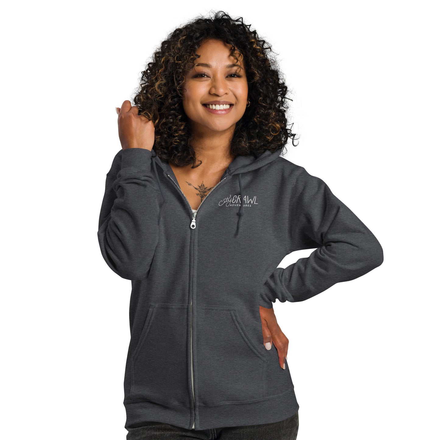 City Crawl Adventures Zip Up Hoodie Dark Heather Adult Woman. City Crawl Adventures.