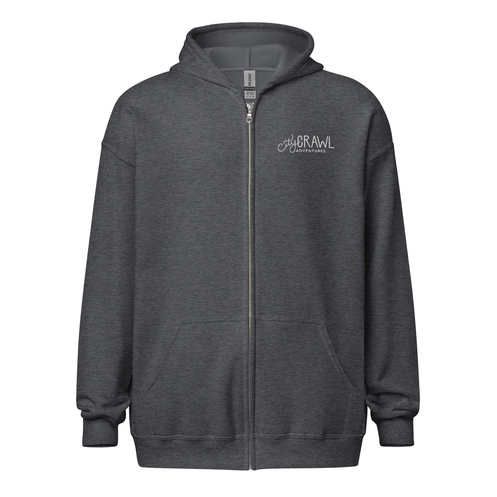 City Crawl Adventures Zip Up Hoodie Dark Heather flat lay. City Crawl Adventures.