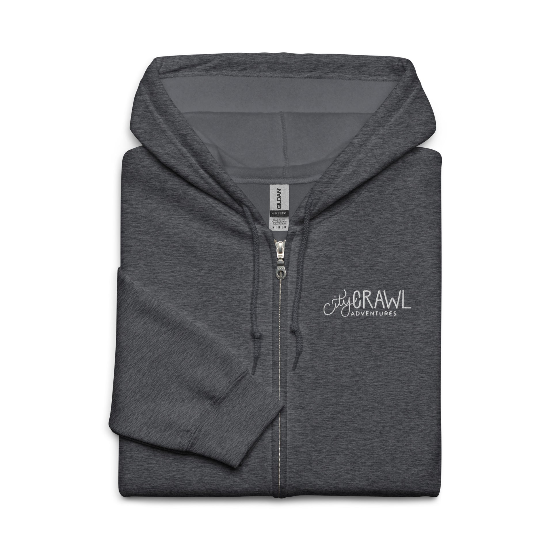 City Crawl Adventures Zip Up Hoodie Dark Heather folded. City Crawl Adventures.