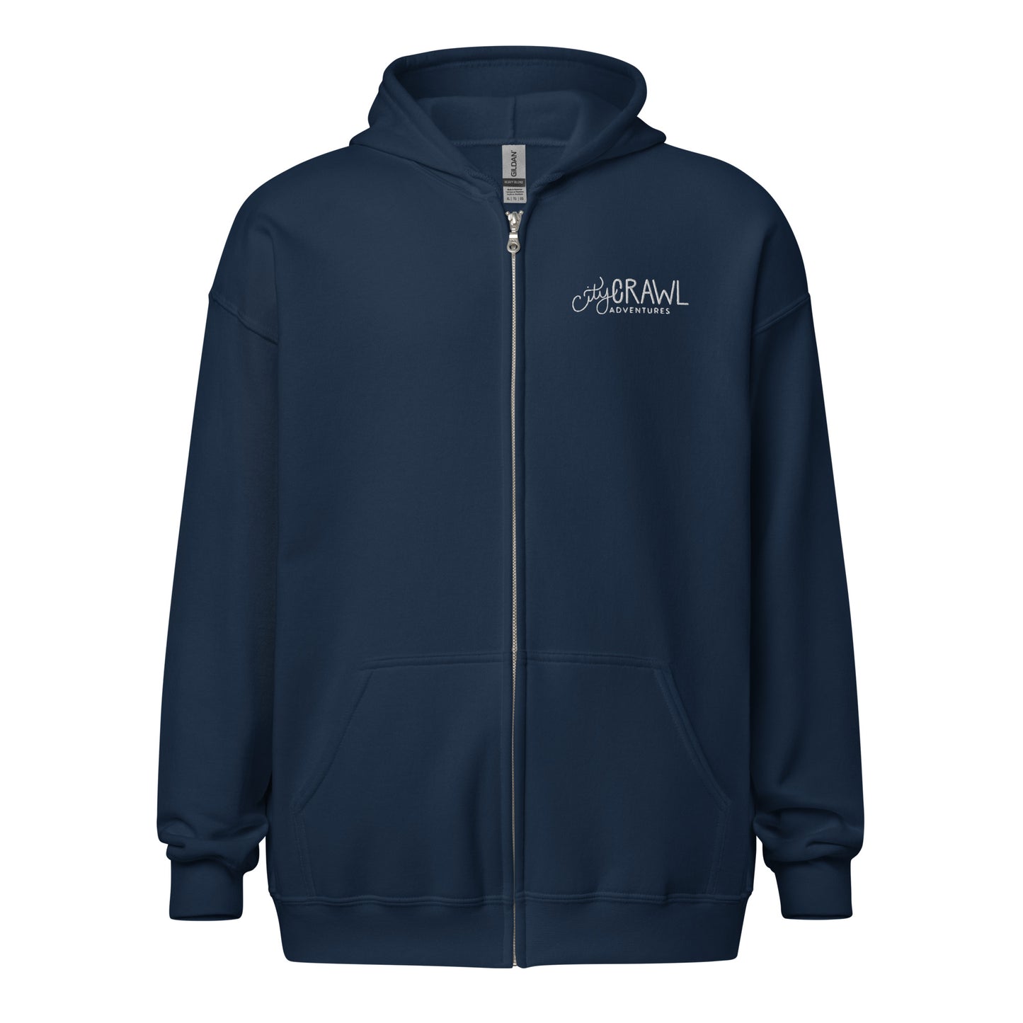 City Crawl Adventures Zip Up Hoodie Navy flat lay. City Crawl Adventures.