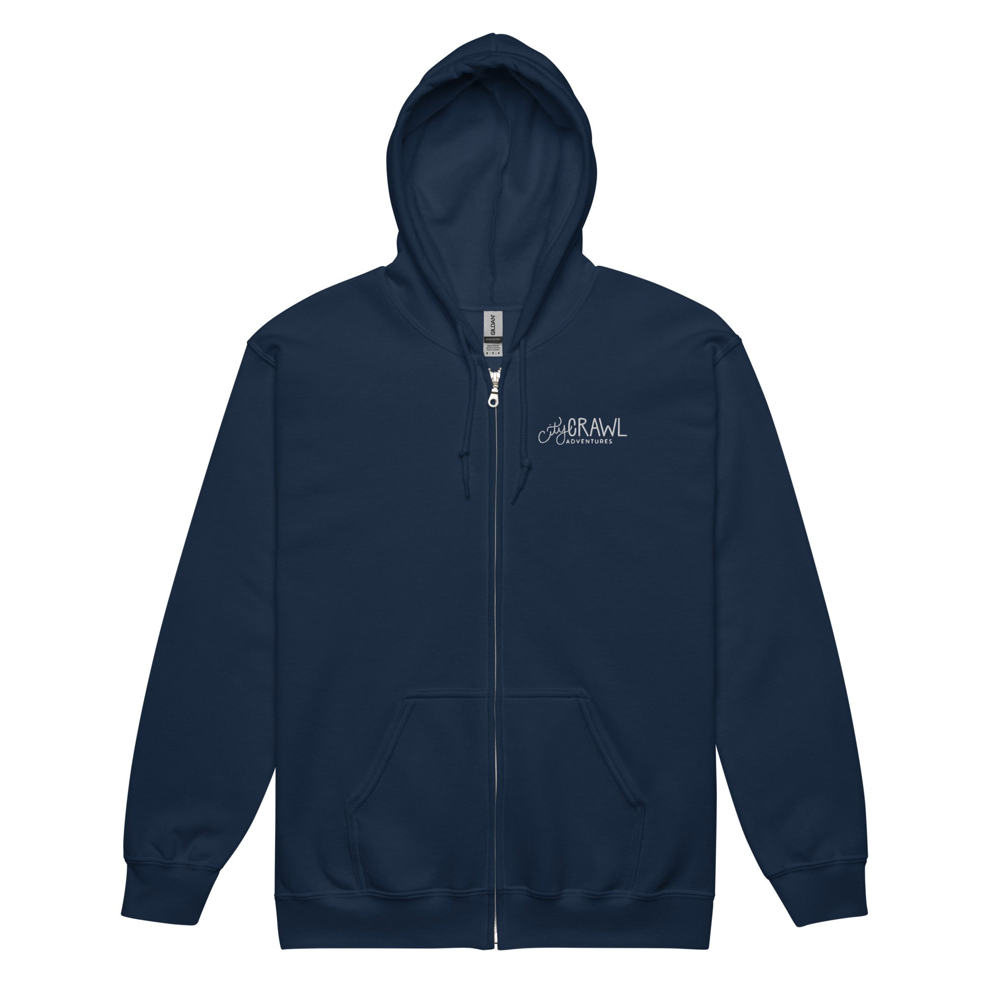 City Crawl Adventures Zip Up Hoodie Navy flat lay. City Crawl Adventures.