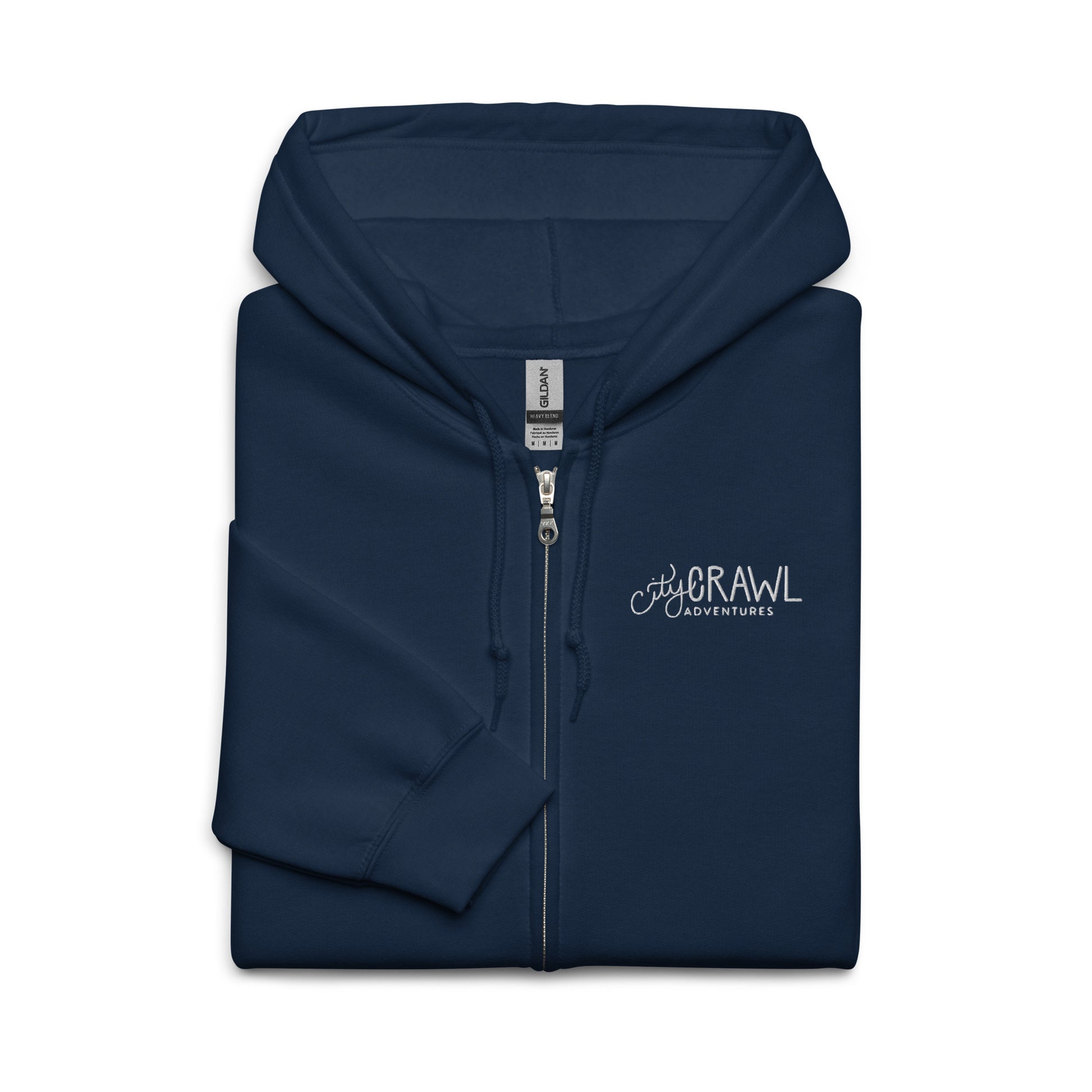 City Crawl Adventures Zip Up Hoodie Navy folded. City Crawl Adventures.