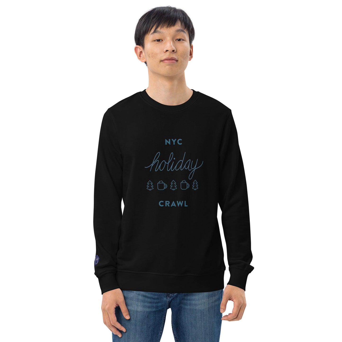 NYC holiday crawl navy design Unisex Black Crewneck Sweatshirt Adult Man. City Crawl Adventures.